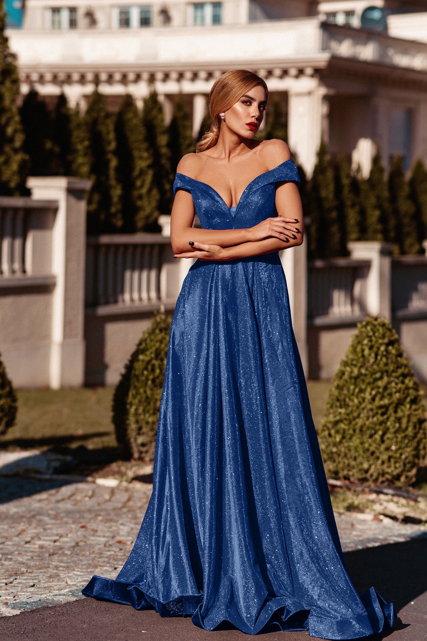 TINA HOLLY COUTURE TW028 Indigo Glitter Off-Shoulder Formal Dress with Over Skirt, Brisbane to Gold Coast