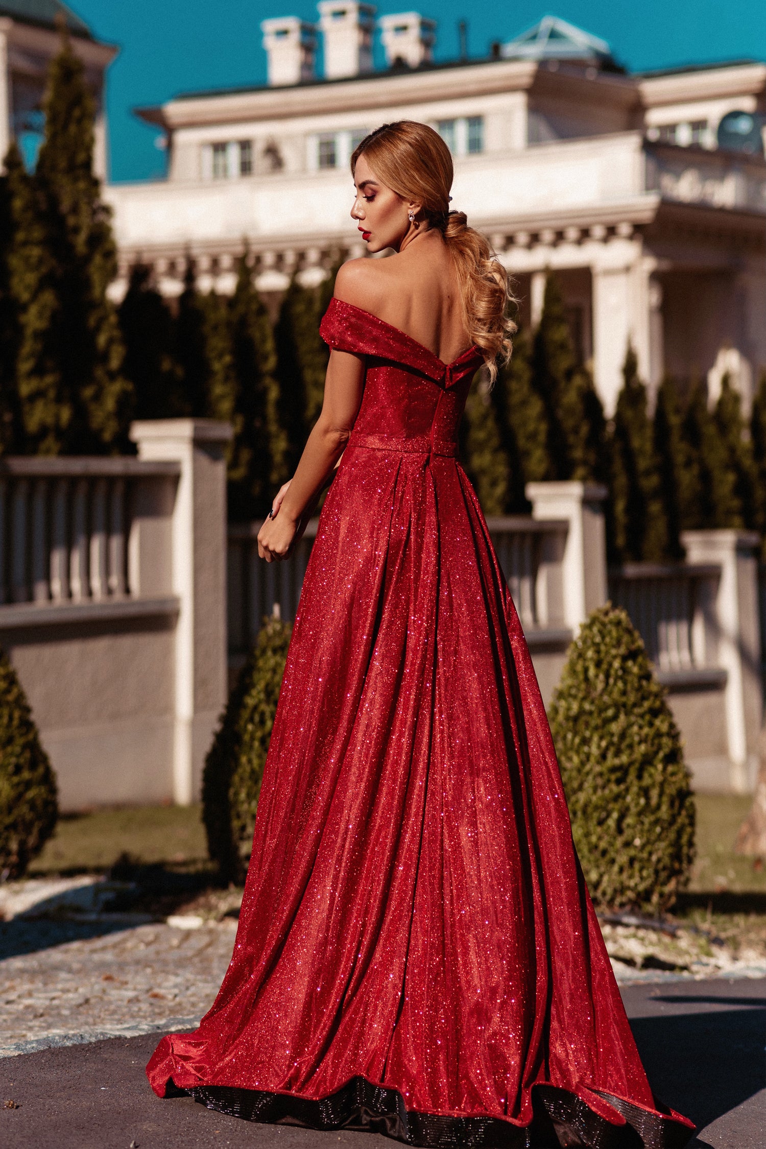 TINA HOLLY COUTURE TW028 red glitter school formal dress with over skirt, off-shoulder style, Brisbane to Gold Coast Australia