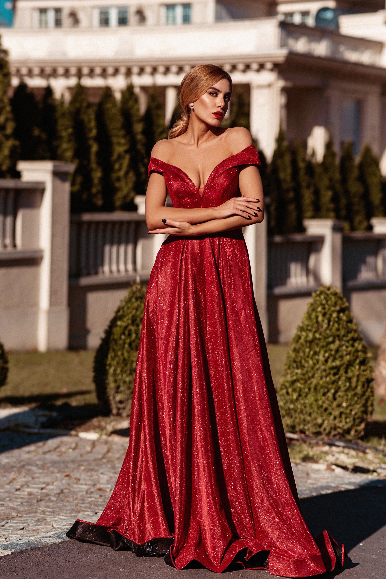 TINA HOLLY COUTURE TW028 Red Glitter Off-Shoulder School Formal Dress with Over Skirt, Brisbane to Gold Coast