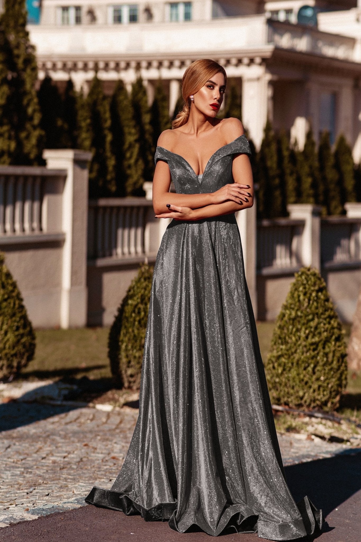 Tina Holly Couture Designer TW028 Smoke Glitter Formal Dress w Over Skirt in Australia | One Honey Boutique