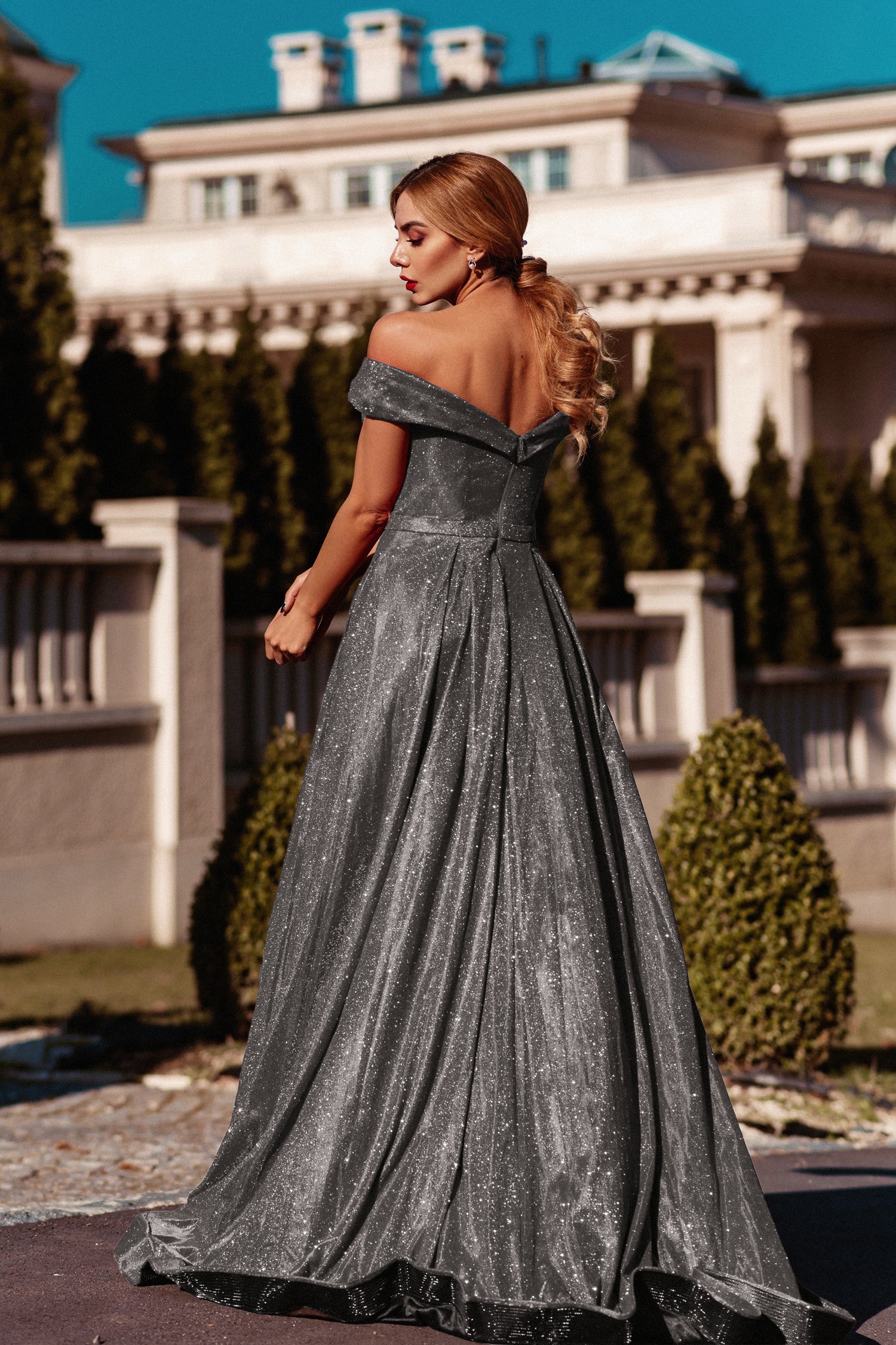 TINA HOLLY COUTURE TW028 Glitter Off-Shoulder School Formal Dress, Smoke Color, Brisbane to Gold Coast, Australia