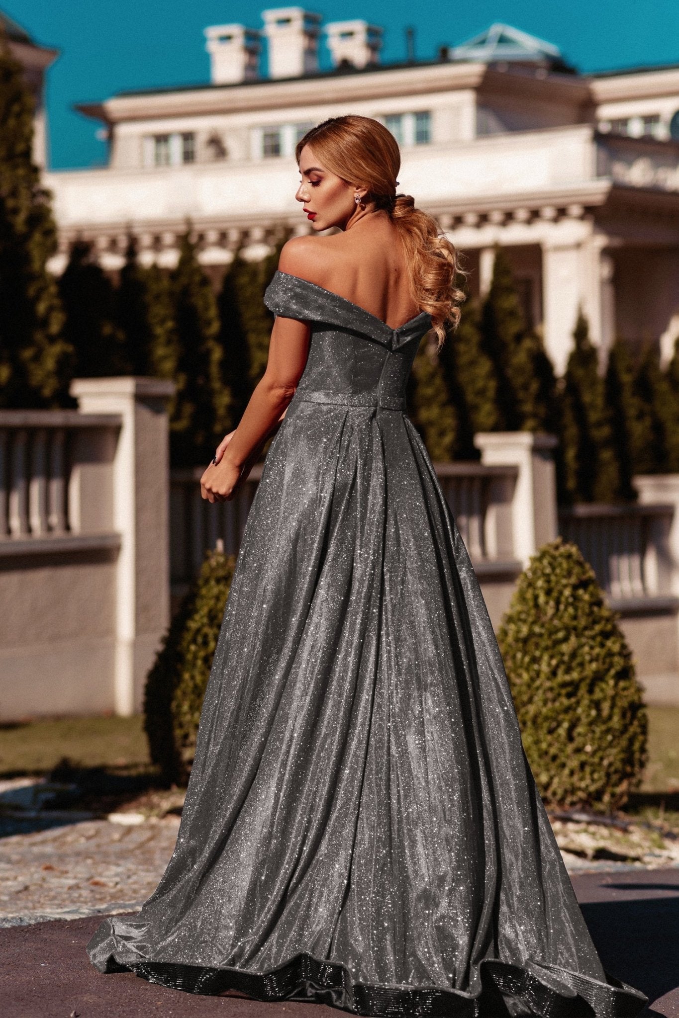 Tina Holly Couture Designer TW028 Smoke Glitter Formal Dress w Over Skirt in Australia | One Honey Boutique