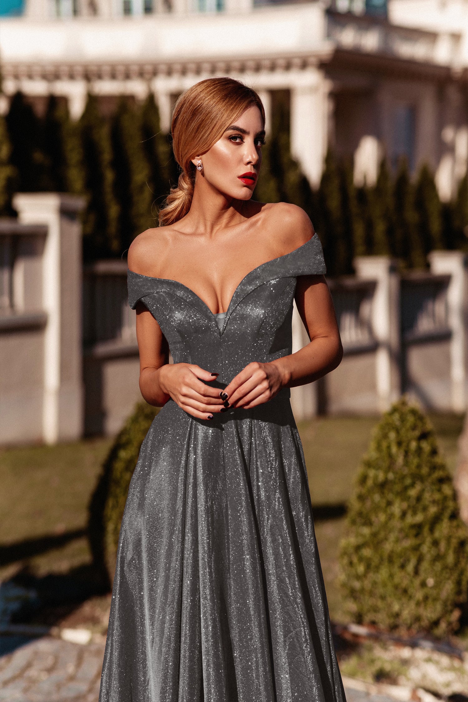 TINA HOLLY COUTURE TW028 smoke glitter off-shoulder school formal dress with overskirt, Brisbane to Gold Coast.