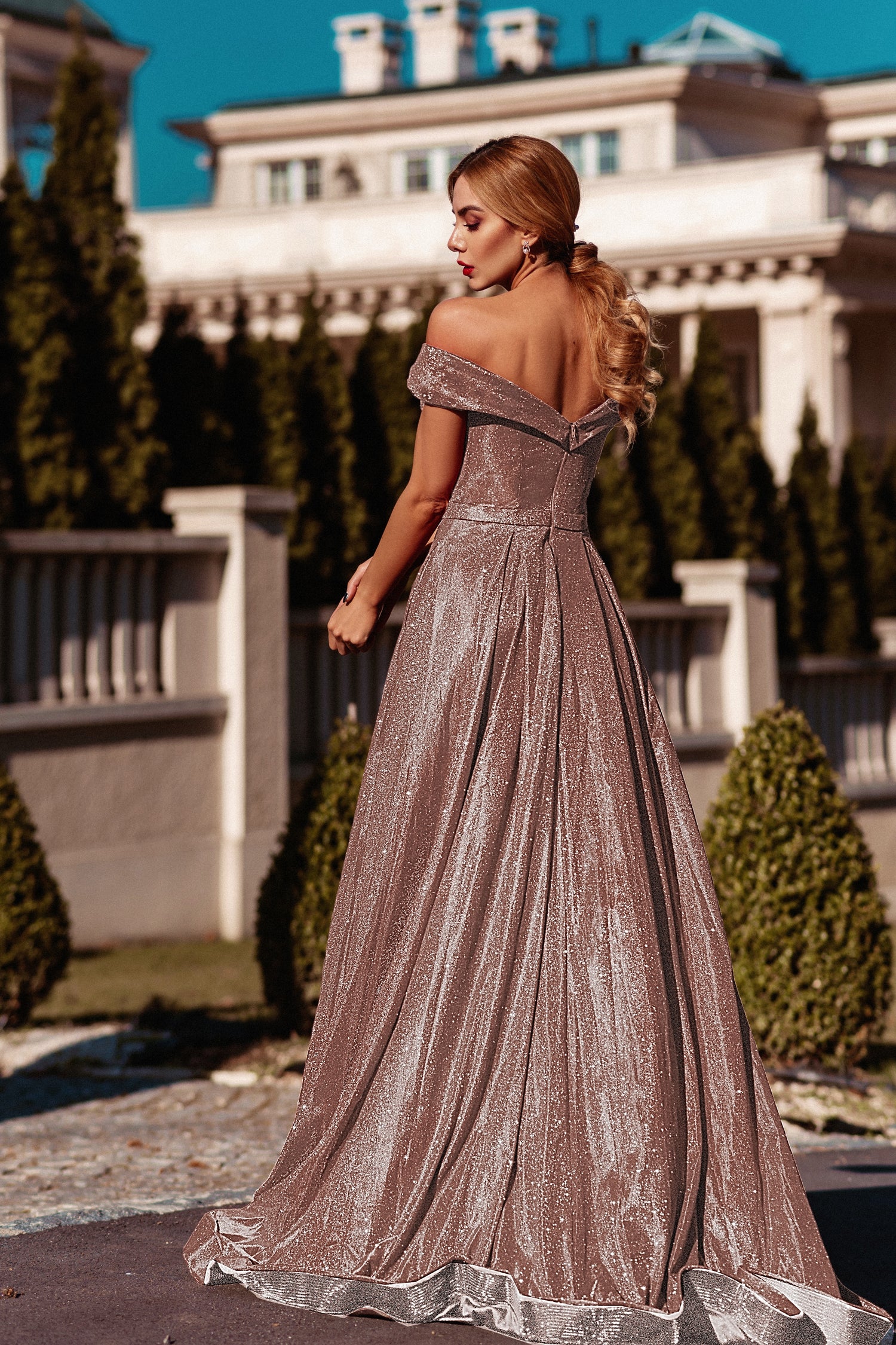 TINA HOLLY COUTURE TW028 steel rose glitter off-shoulder formal dress with overskirt, perfect for prom, Brisbane to Gold Coast