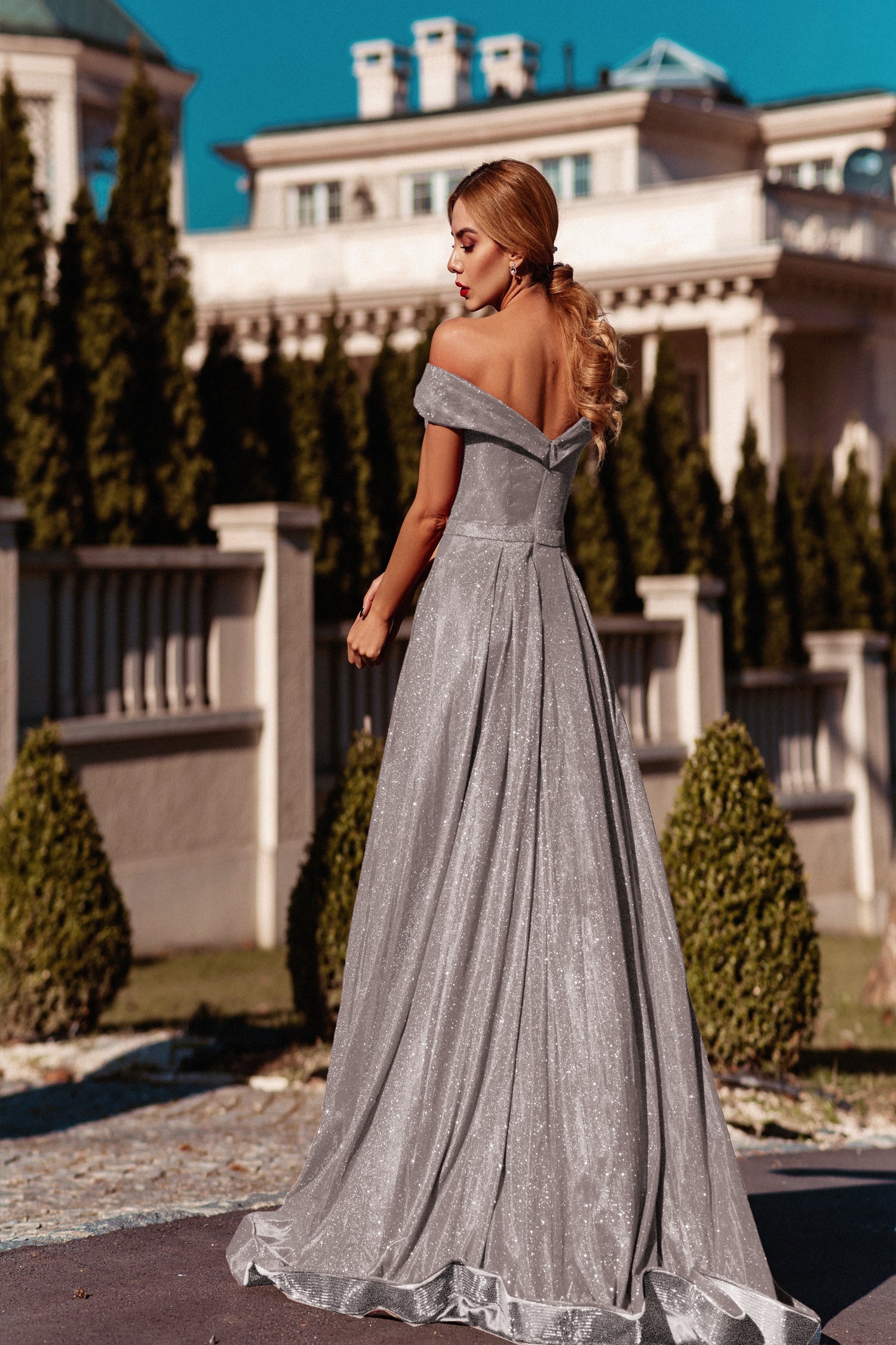TINA HOLLY COUTURE TW028 white musk glitter formal dress with overskirt, off-shoulder design, perfect for school formal, Brisbane to Gold Coast