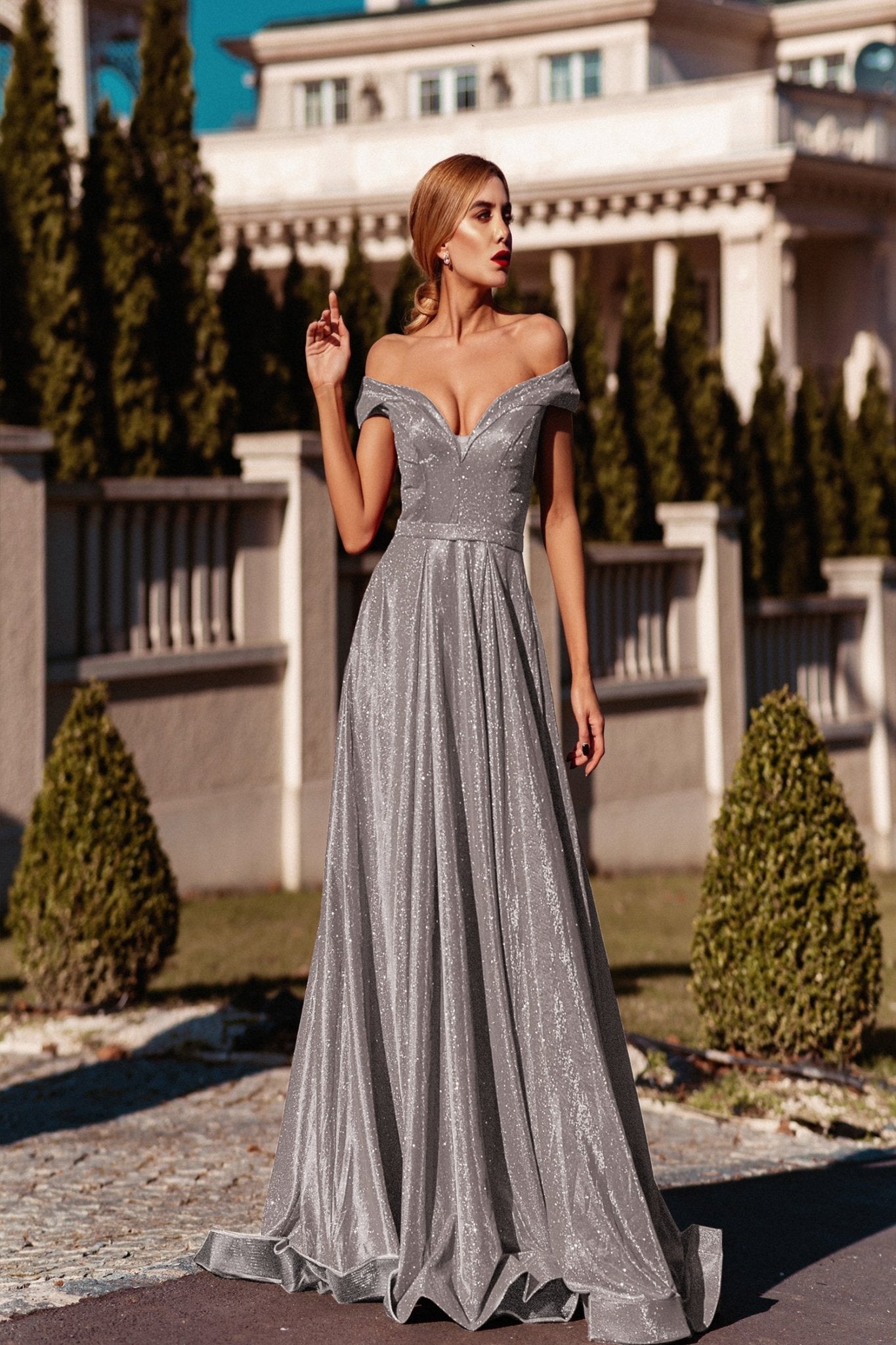 Tina Holly Couture Designer TW028 White Musk Glitter Formal Dress w Over Skirt in Australia | One Honey Boutique