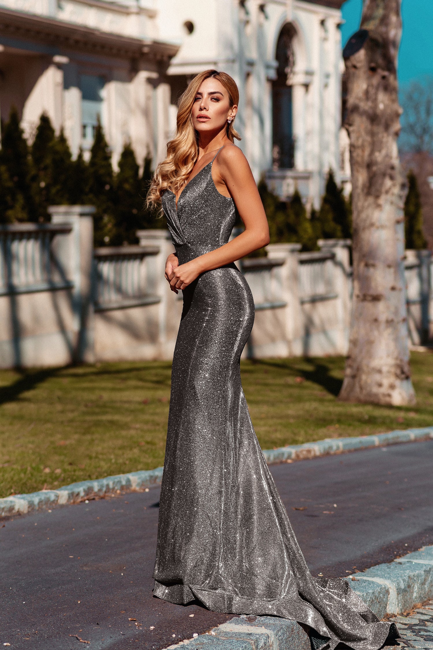 TINA HOLLY COUTURE TW029 Smoke Shimmer Mermaid Formal Dress with V back, fitted silhouette, Brisbane to Gold Coast, Australia.