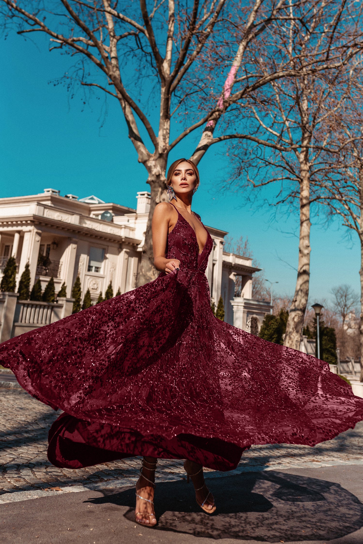 TINA HOLLY COUTURE TW030 Burgundy A Line Dress with Sequin Beading, V Neck Thin Straps, Brisbane to Gold Coast.