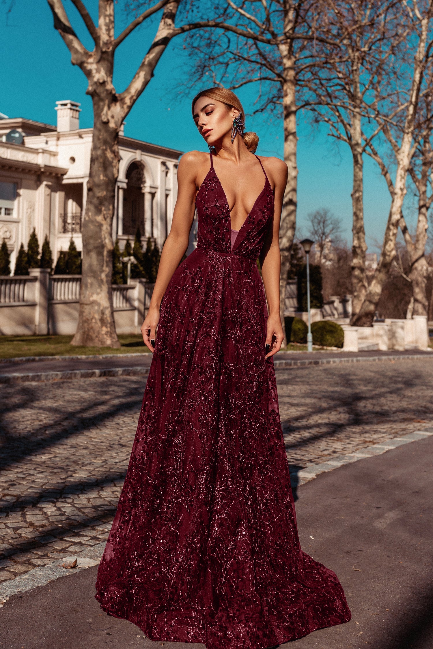 TINA HOLLY COUTURE TW030 Burgundy A-Line dress with sequin beading and V-neck, formal gown Brisbane to Gold Coast, Australia.