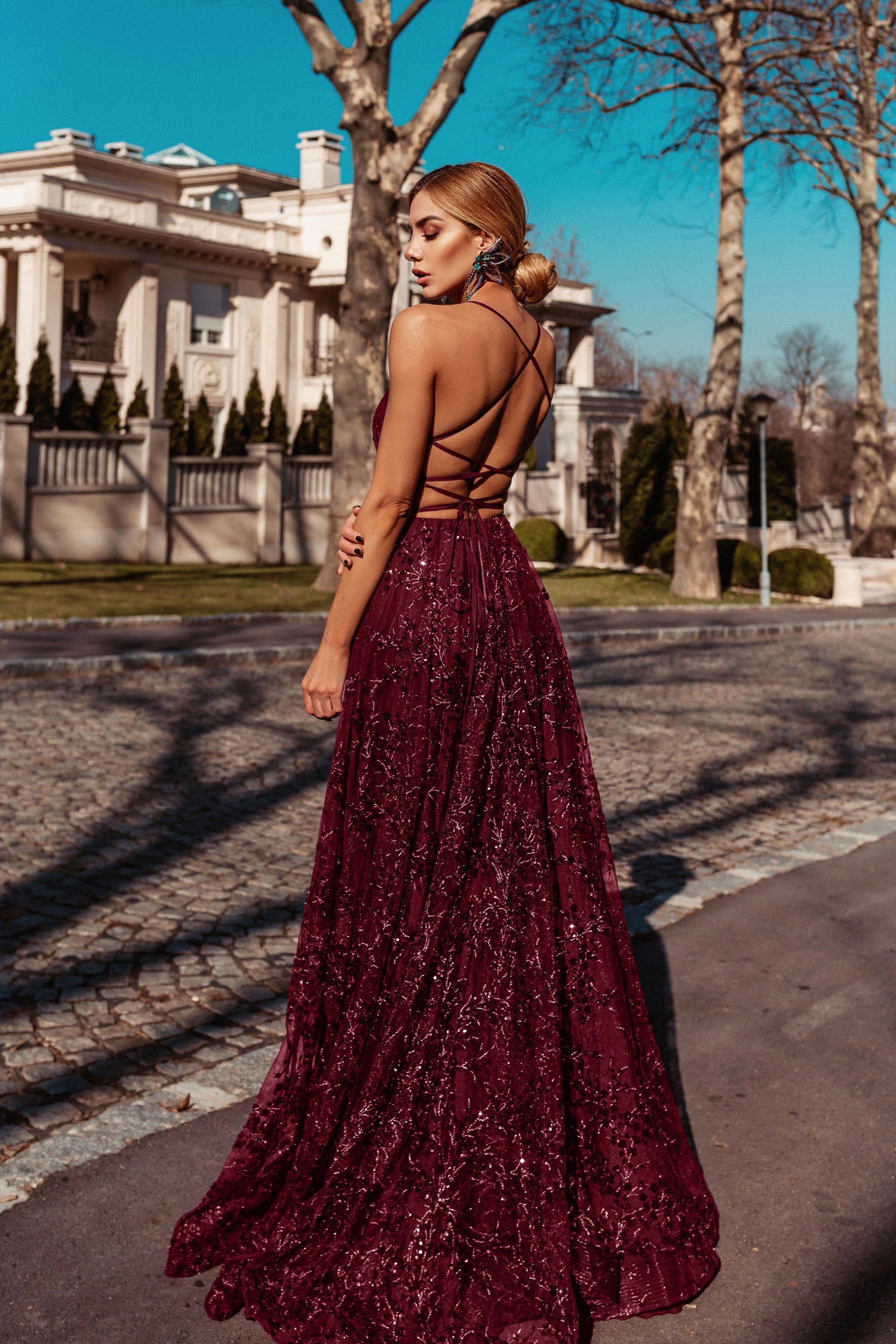 TINA HOLLY COUTURE TW030 Burgundy sequin beaded A-line formal dress, criss-cross back, Brisbane to Gold Coast, Australia