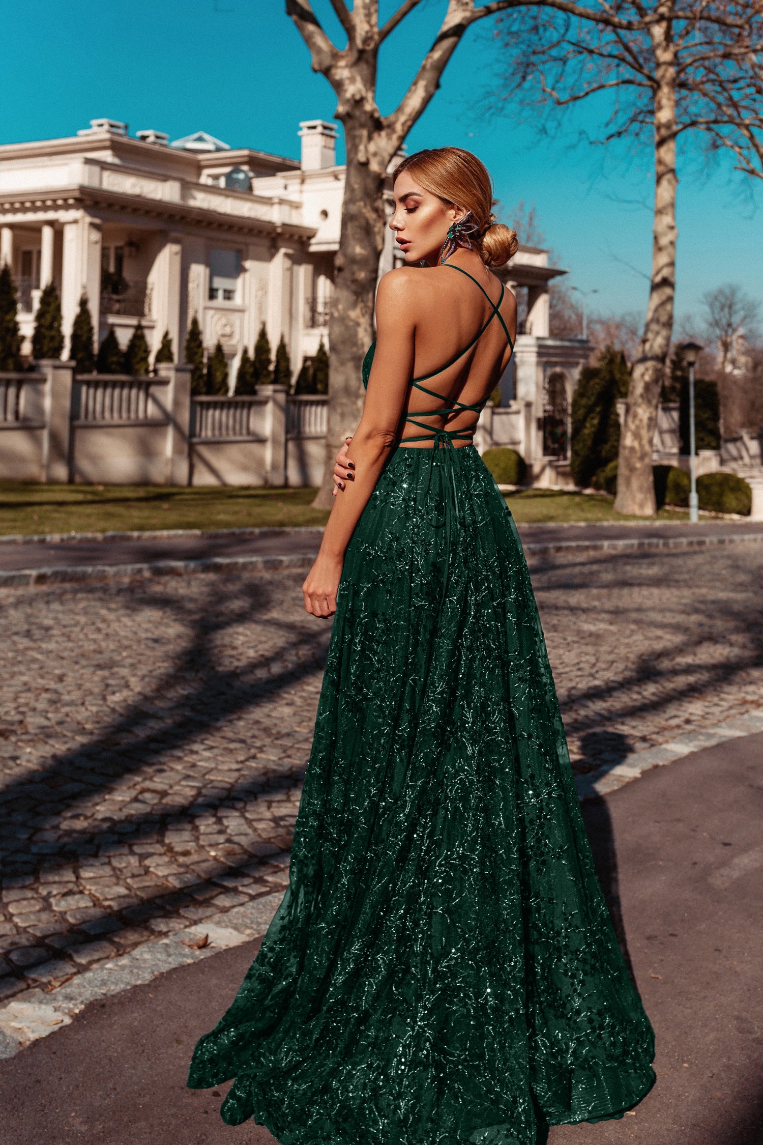 Tina Holly Couture TW030 Emerald Green A Line Dress with Strappy Back, Sequin Detailing, Formal Wear Brisbane to Gold Coast