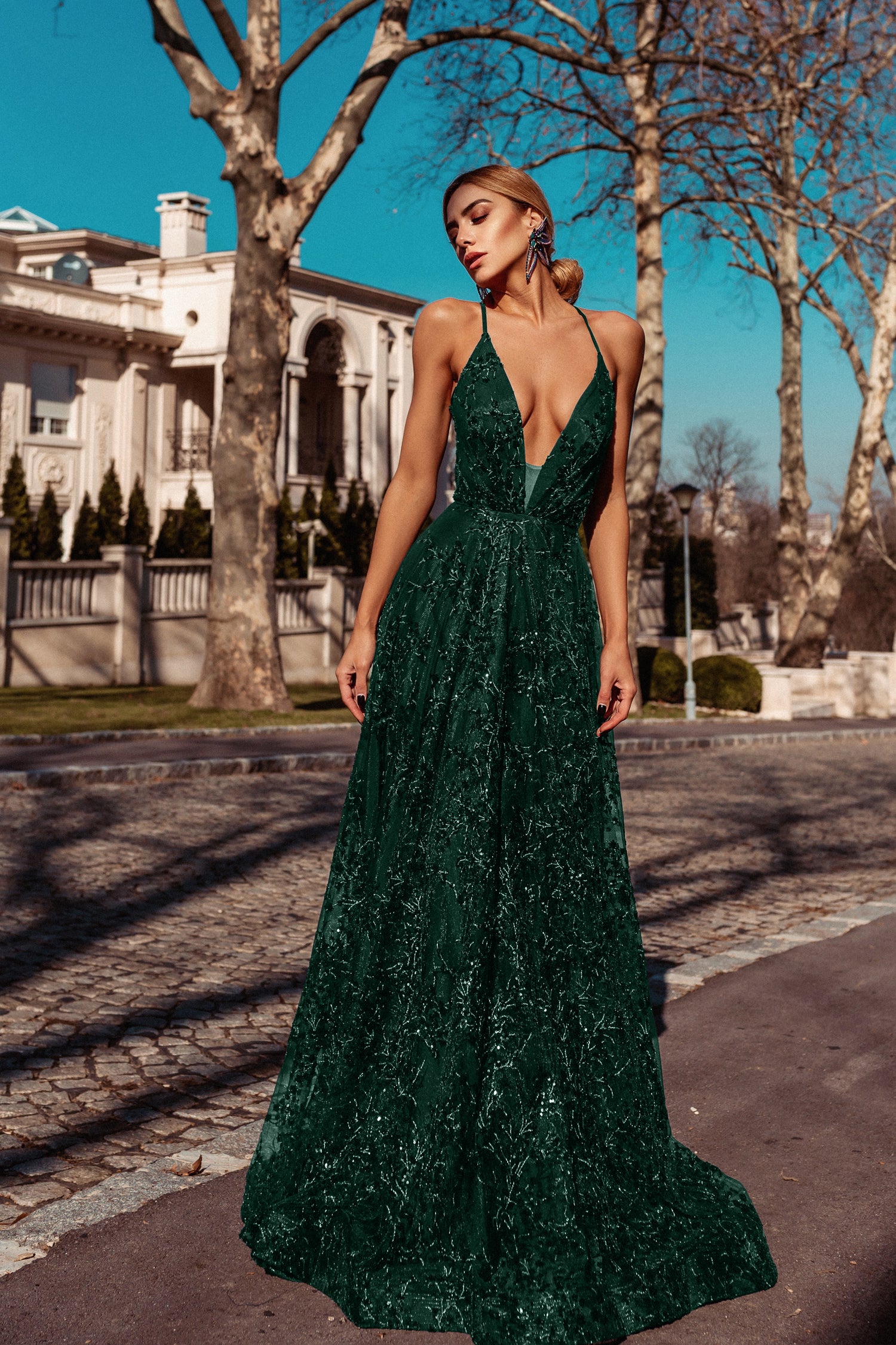 Tina Holly Couture TW030 emerald green A-line formal dress with sequin beading, perfect for gala events, Brisbane to Gold Coast.