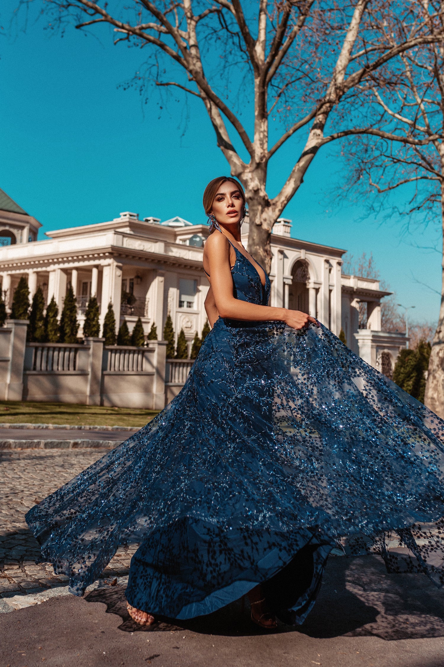 TINA HOLLY COUTURE TW030 navy sequin A-line dress with V-neck and full skirt, designed for galas. Brisbane to Gold Coast, Australia.