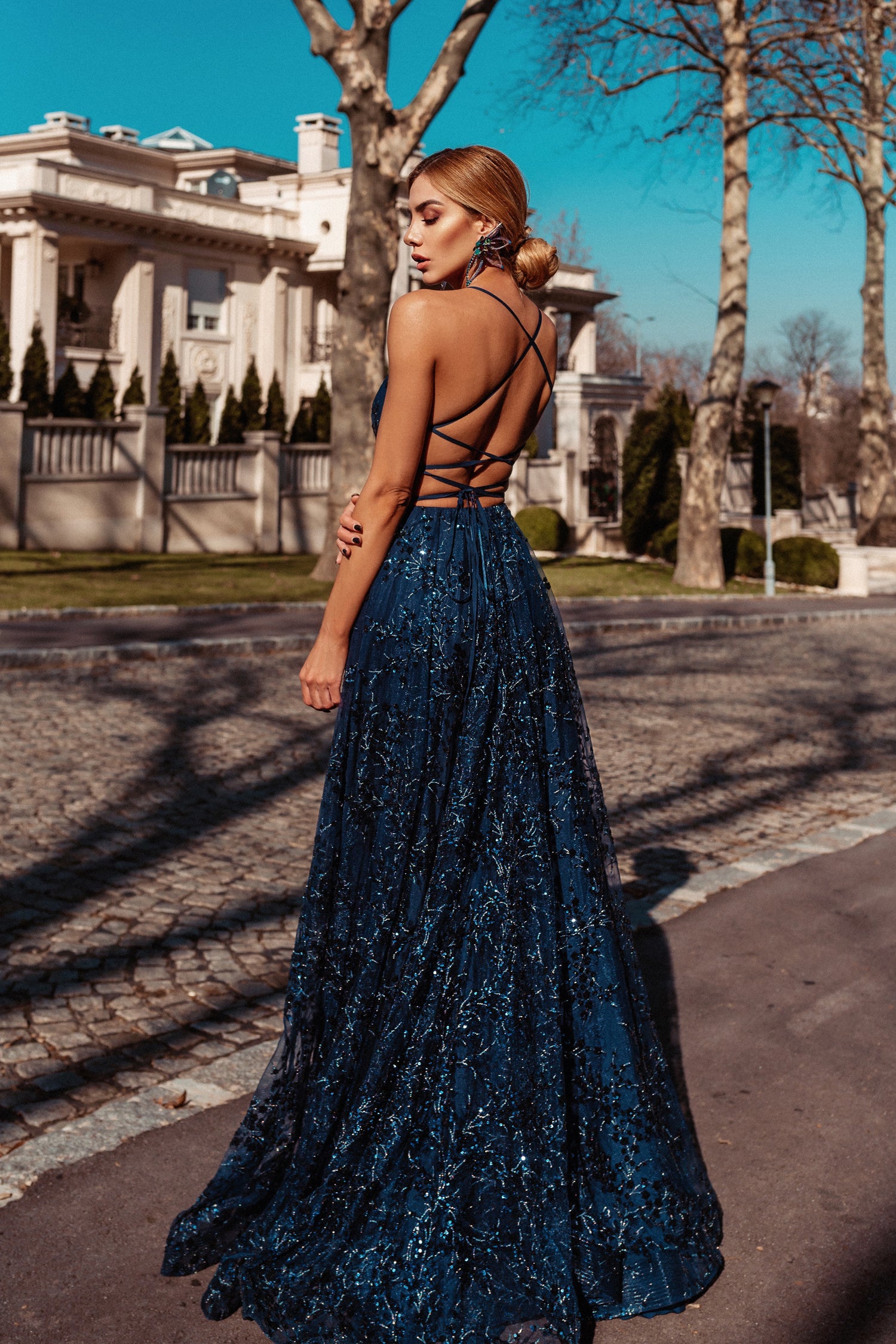 TW030 Navy Blue V Neck open back formal dress with sequin beading, A-line skirt. Perfect for gala events. Brisbane to Gold Coast, Australia
