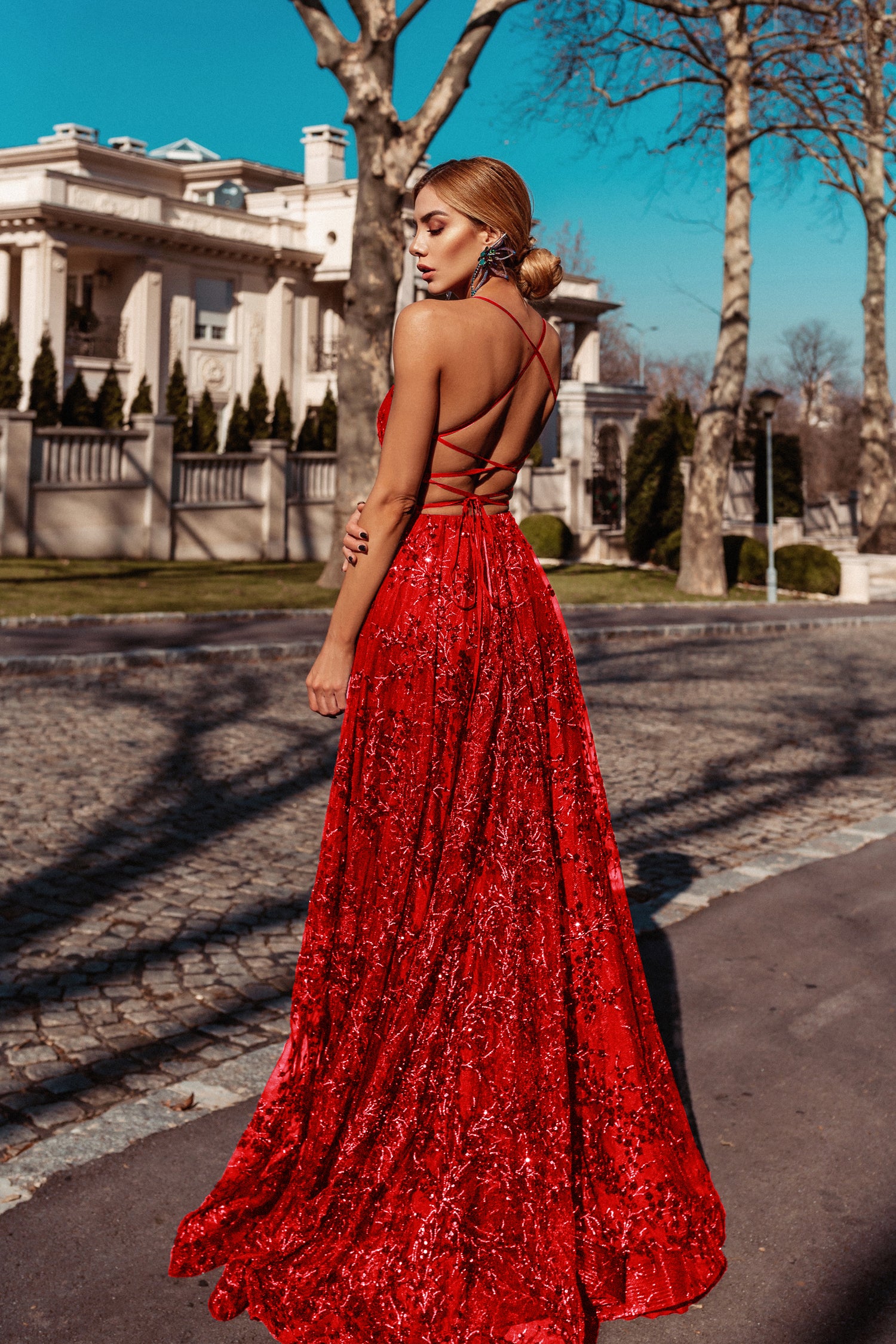 TINA HOLLY COUTURE TW030 red sequin beaded A-line formal dress with thin straps, Brisbane to Gold Coast, Australia