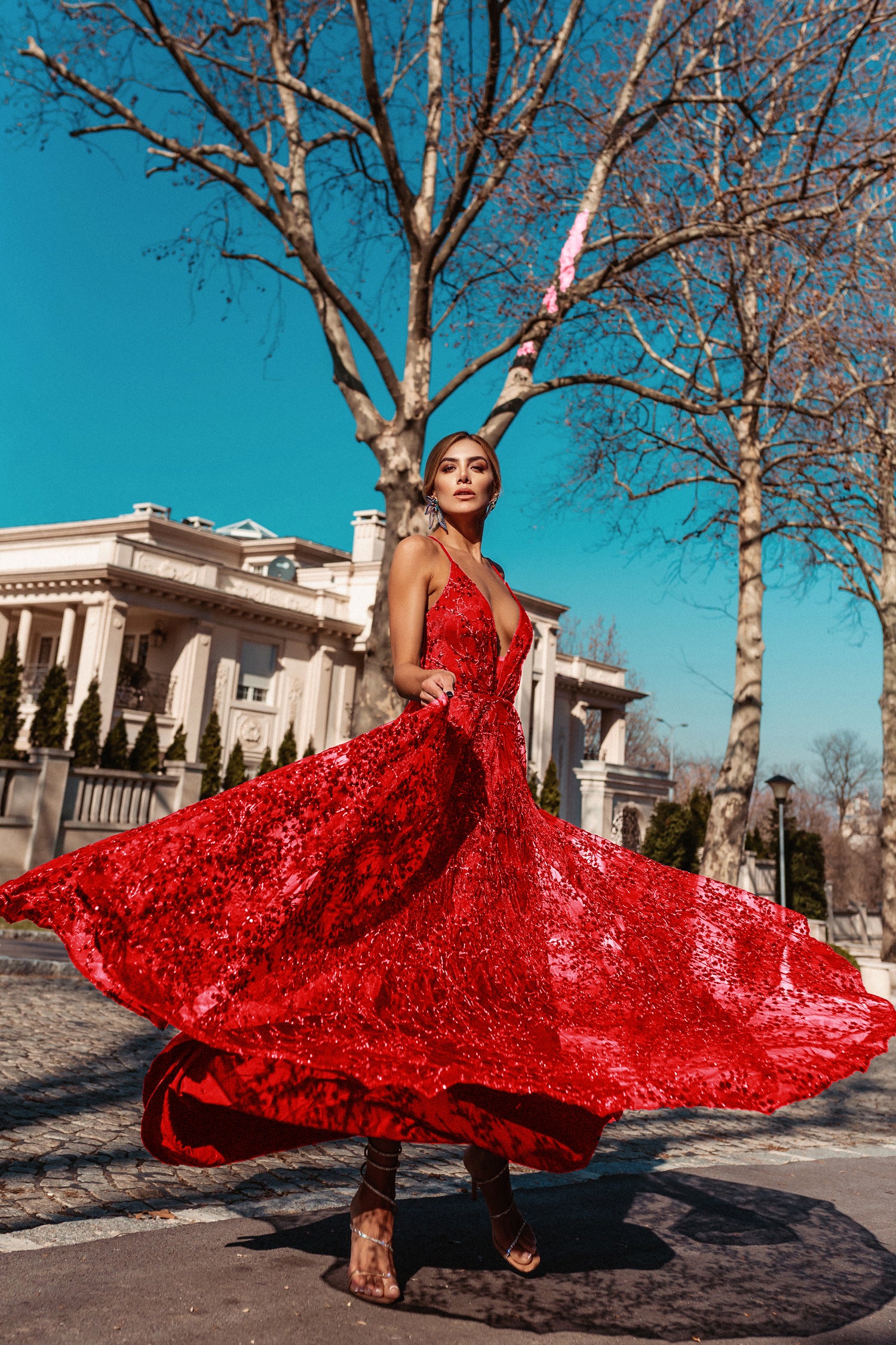 TINA HOLLY COUTURE TW030 red sequin beaded formal dress with V neck and full skirt, Australia, Brisbane to Gold Coast