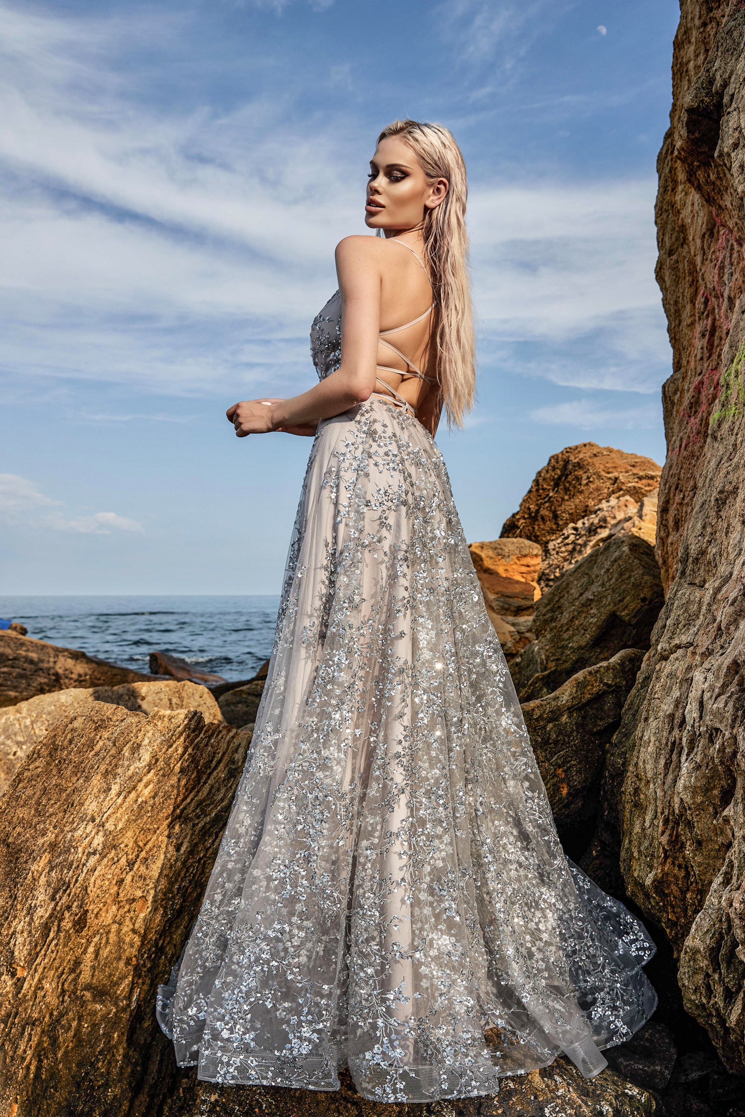 TINA HOLLY COUTURE TW030 glitter sequin beaded school formal dress, A-line with thin straps, Brisbane to Gold Coast.