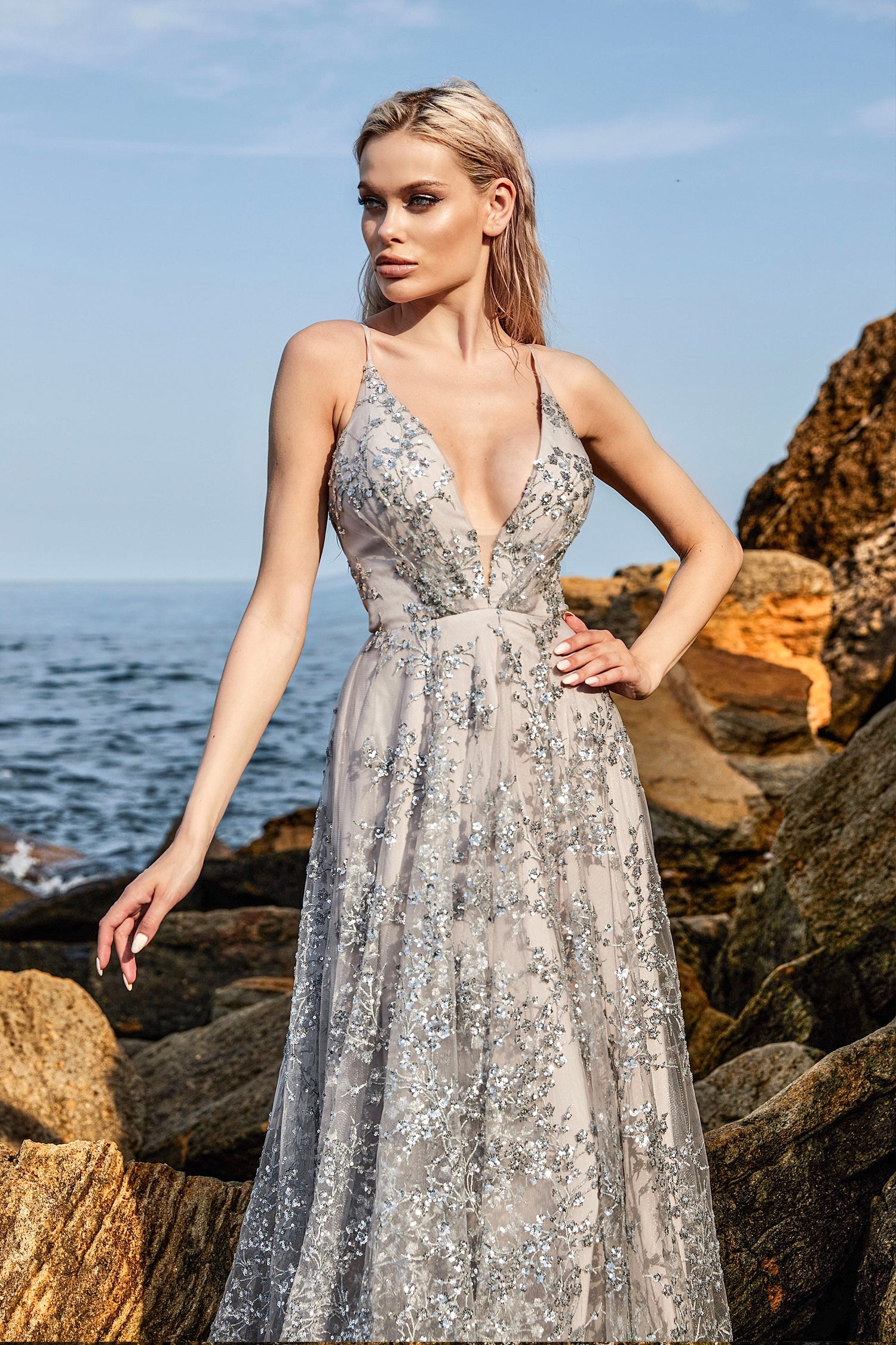 TINA HOLLY COUTURE TW030 Silver Pink A-Line Dress with Sequin Beading, V Neck, Beach Setting, Formal Wear Brisbane to Gold Coast