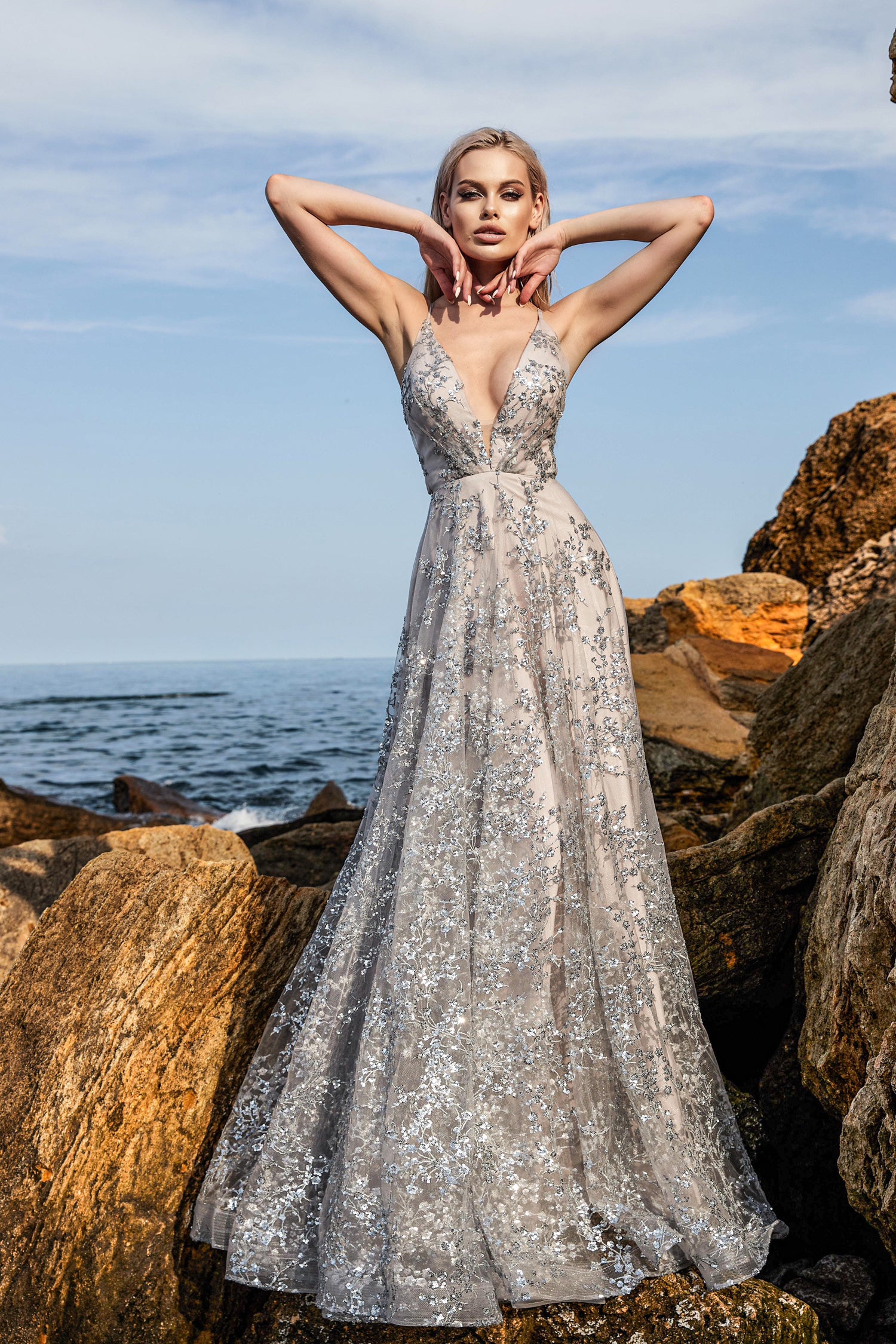TINA HOLLY COUTURE TW030 Silver Pink dress with sequin beading, deep V-neck. Perfect formal gown. Brisbane to Gold Coast, Australia.