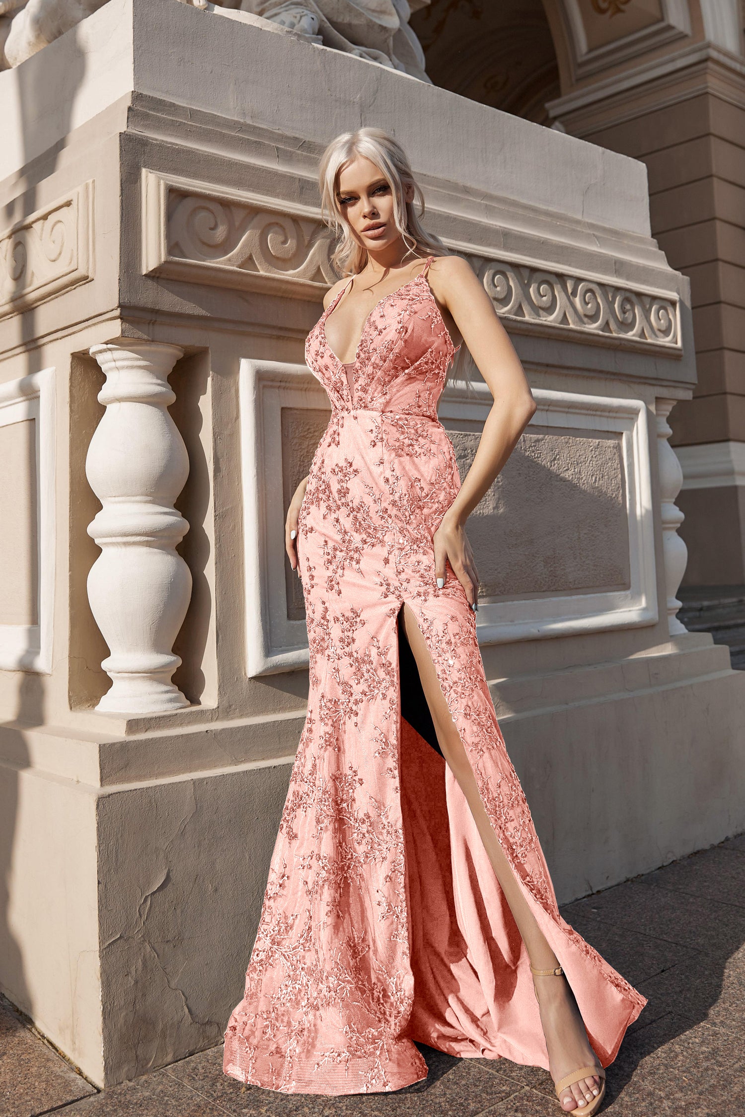 Tina Holly Couture TW031 Tea Rose Deep V Neckline With Beaded Sequins Mermaid Formal Gown Dress
