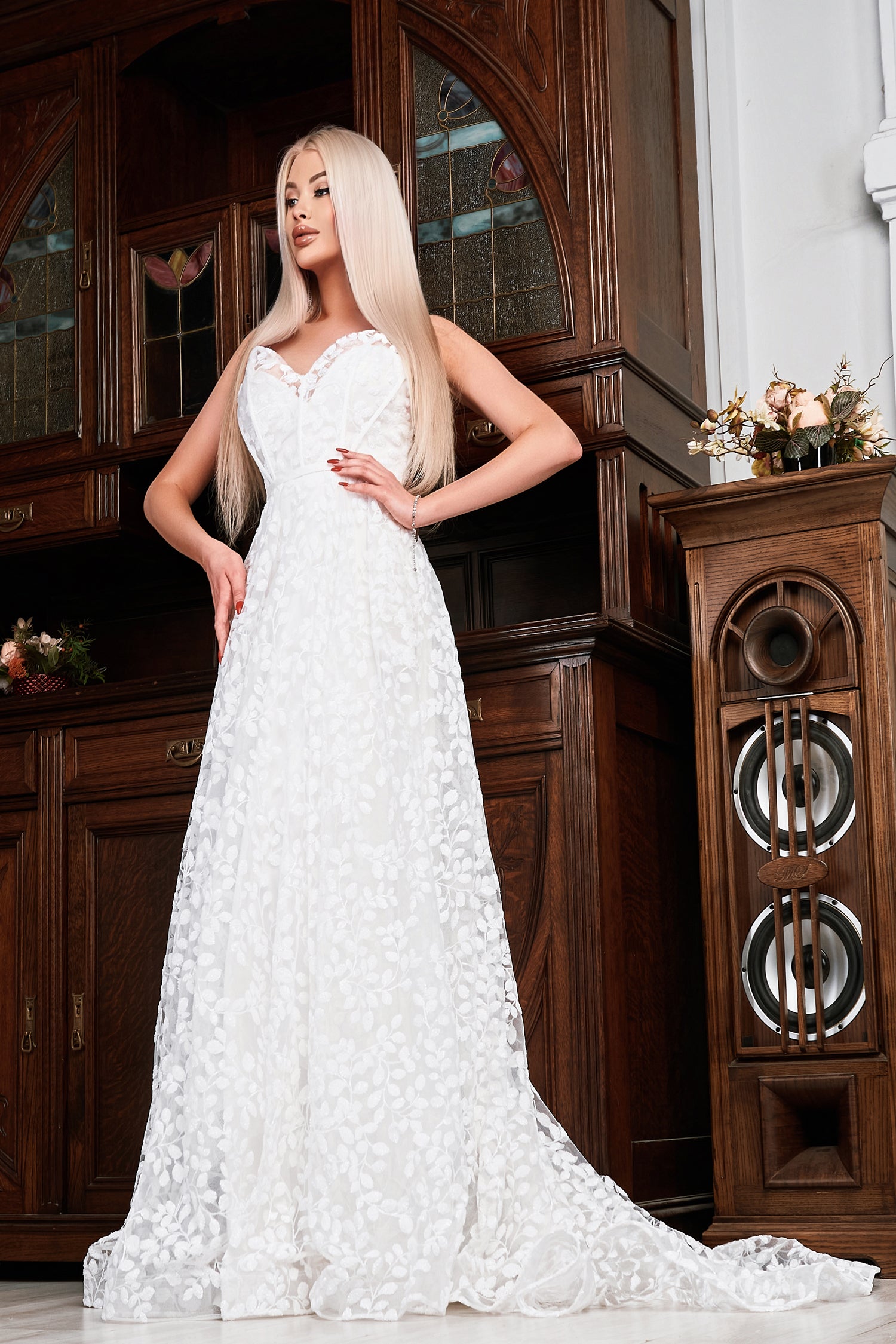 TINA HOLLY COUTURE TK069W white lace A-line wedding dress with floral patterns, fitted V-front neckline, Brisbane to Gold Coast