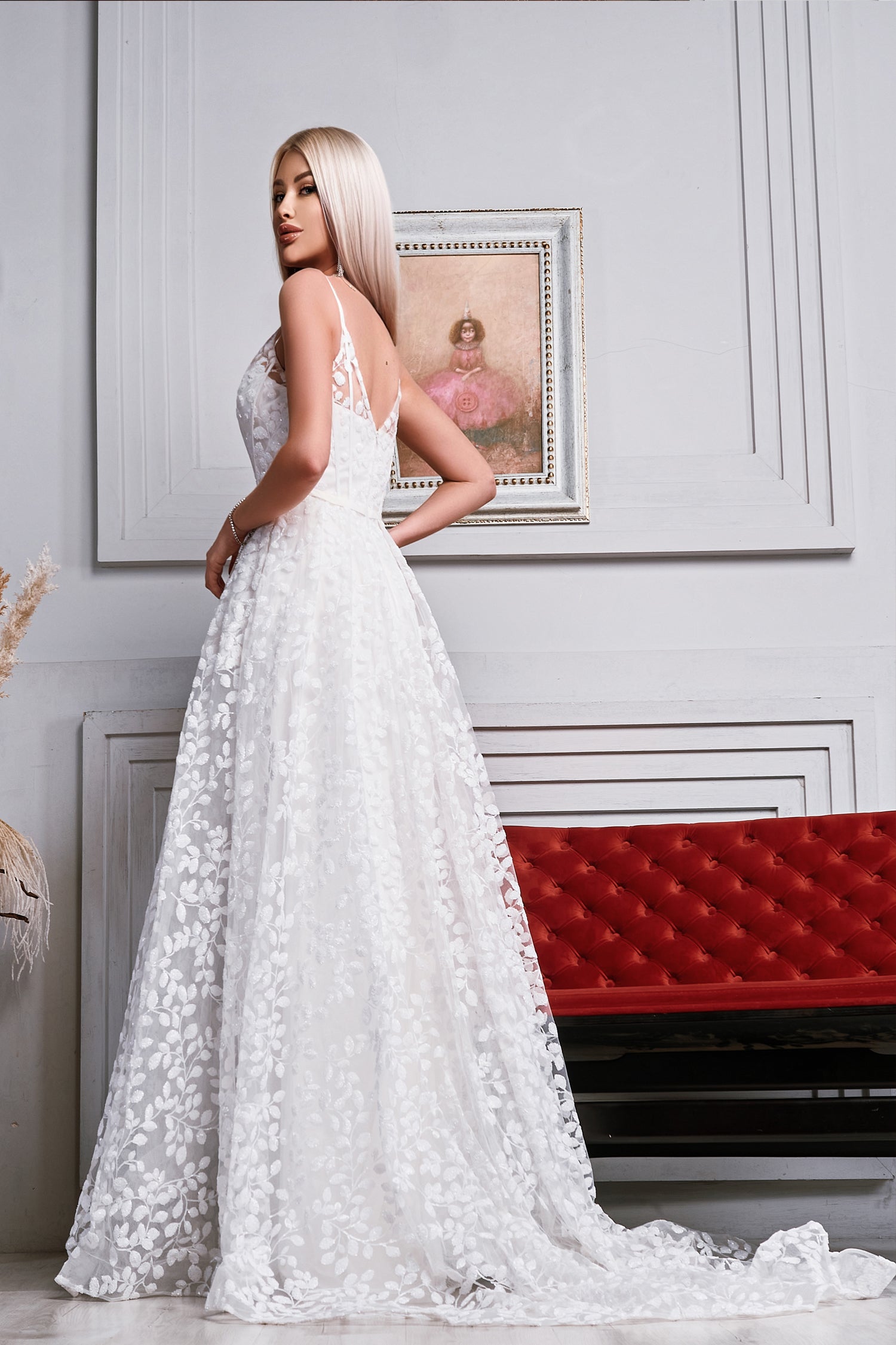 TK069W White Lace A-Line Wedding Dress with floral patterns and mesh inset, elegantly draped. Available from Brisbane to Gold Coast, Australia.