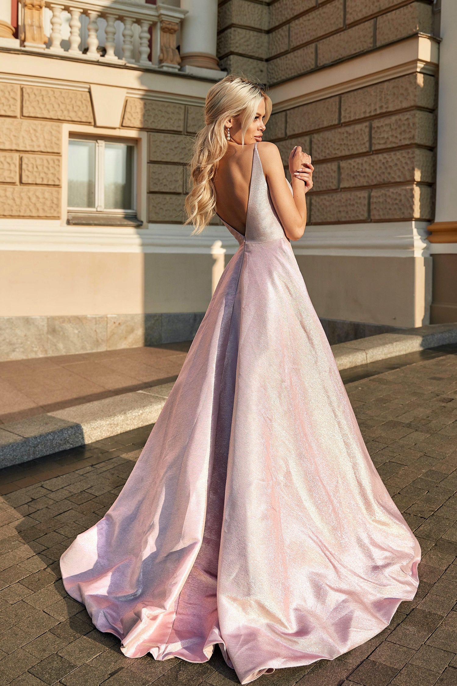TINA HOLLY COUTURE TW070 Pearl Pink Deep V Backless A-line Dress with Metallic Stars, formal gown Brisbane to Gold Coast