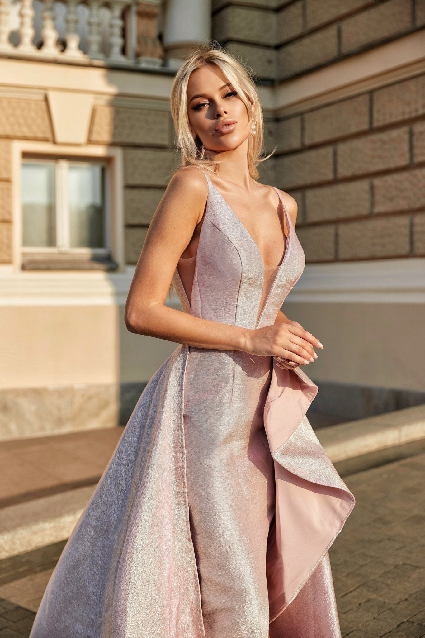 Tina Holly Couture TW070 Pearl Pink Deep V Front Fitted Bodice With A - line Formal Dress in Australia | One Honey Boutique