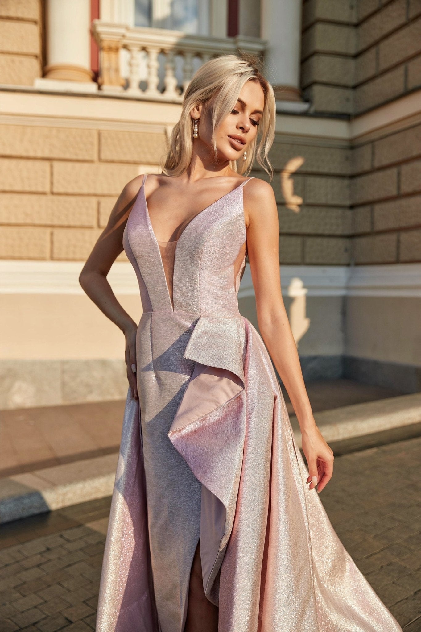 Tina Holly Couture TW070 Pearl Pink Deep V Front Fitted Bodice With A - line Formal Dress in Australia | One Honey Boutique