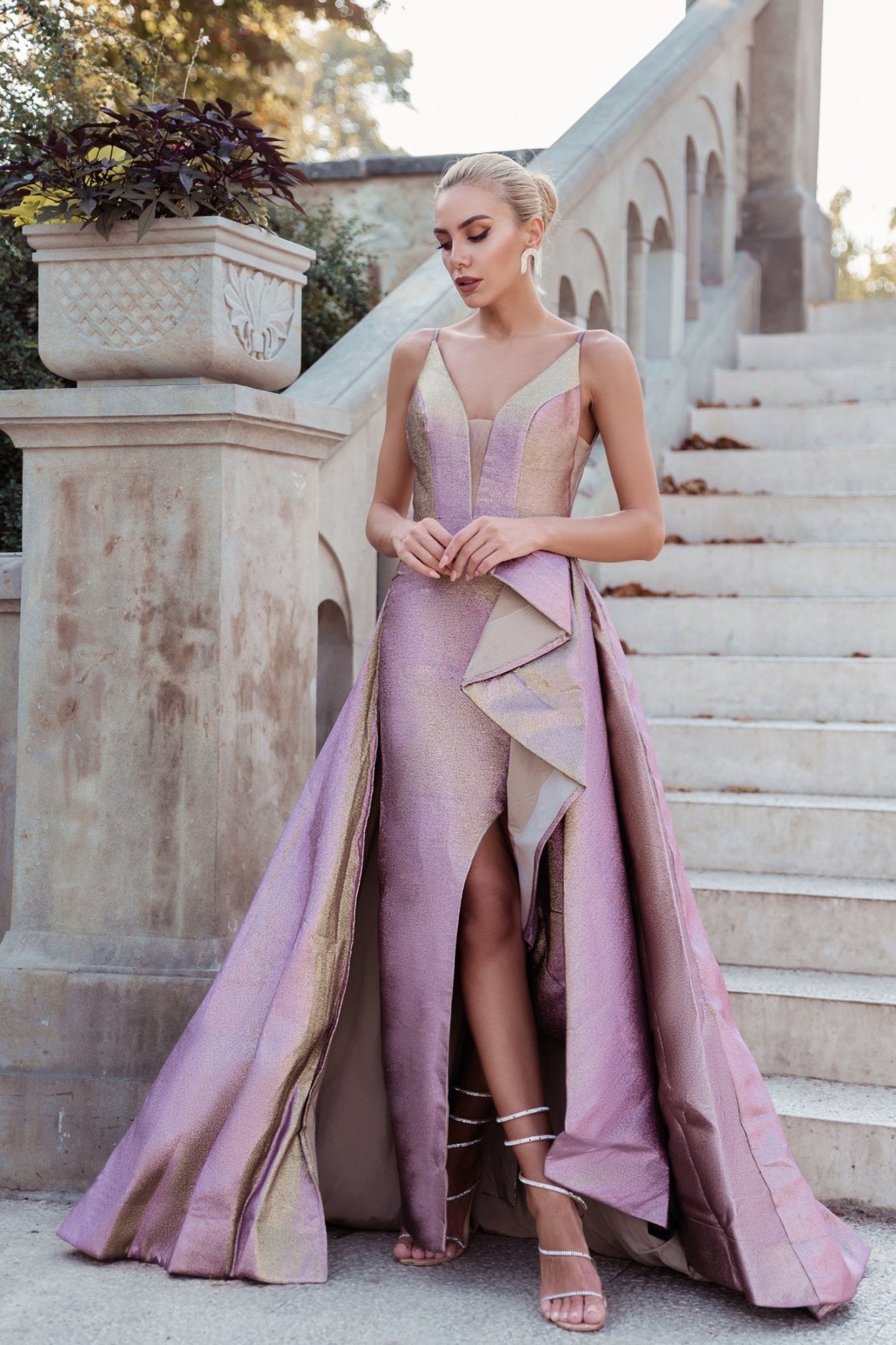 Tina Holly Couture TW070 Metal Purple Deep V Front Fitted Bodice With A - line Formal Dress in Australia | One Honey Boutique