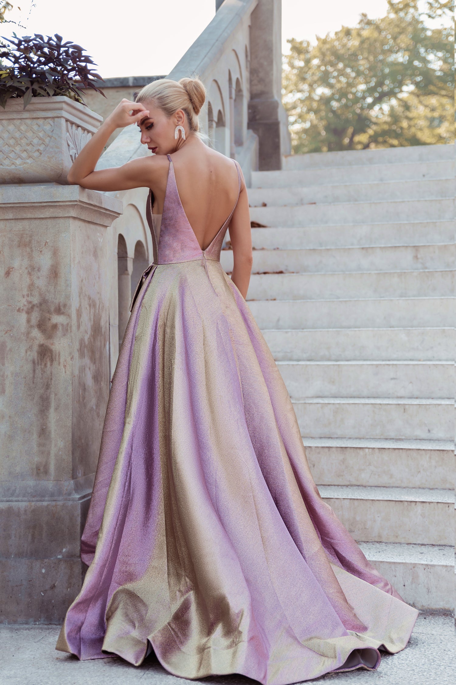 TINA HOLLY COUTURE TW070 metallic star A-line formal dress with deep V open back, perfect for prom or formal events, Brisbane to Gold Coast