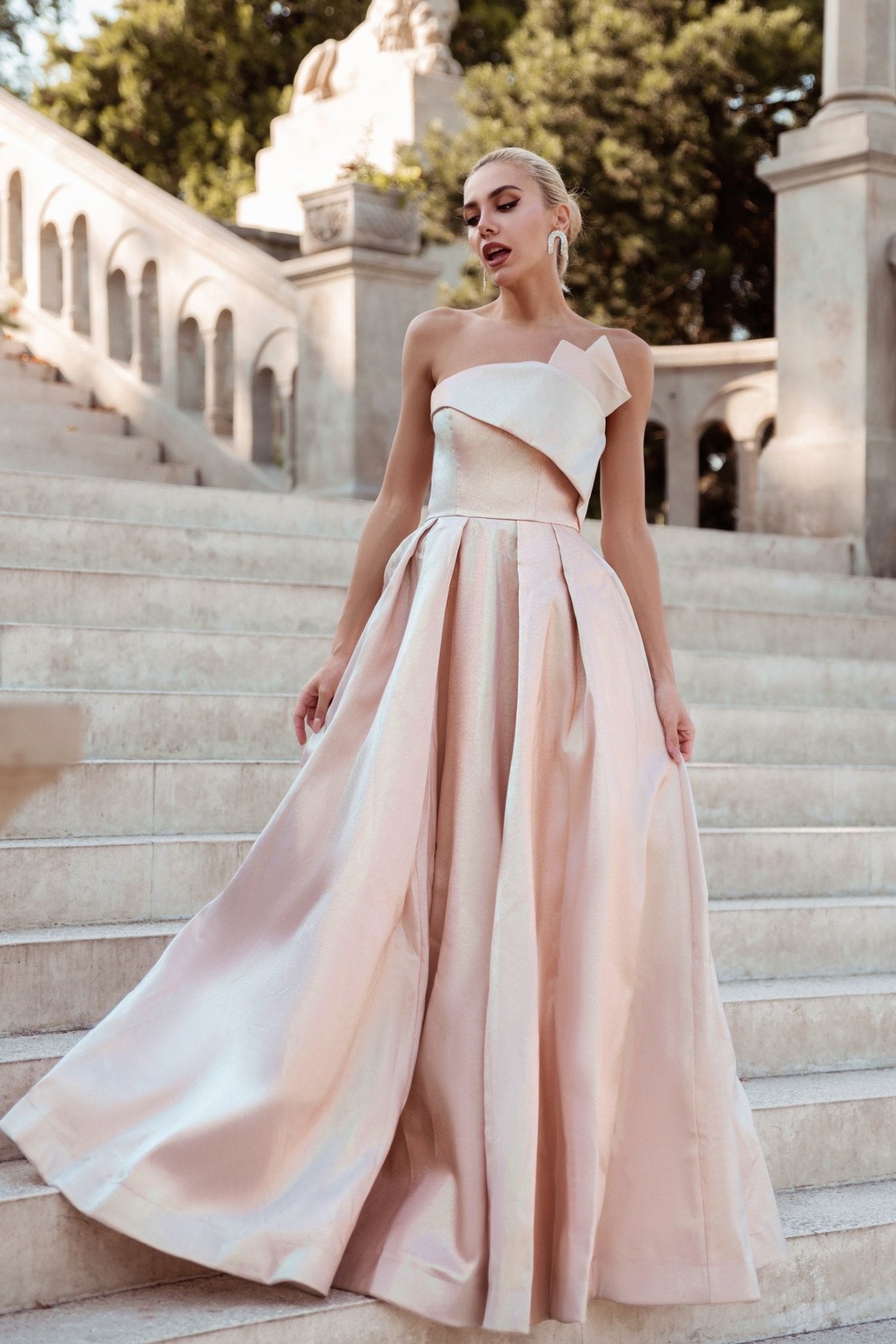 Tina Holly Couture TW071 Pink Champagne Strapless Straight Neck With An A - Line Fit Formal Dress in Australia | One Honey Boutique