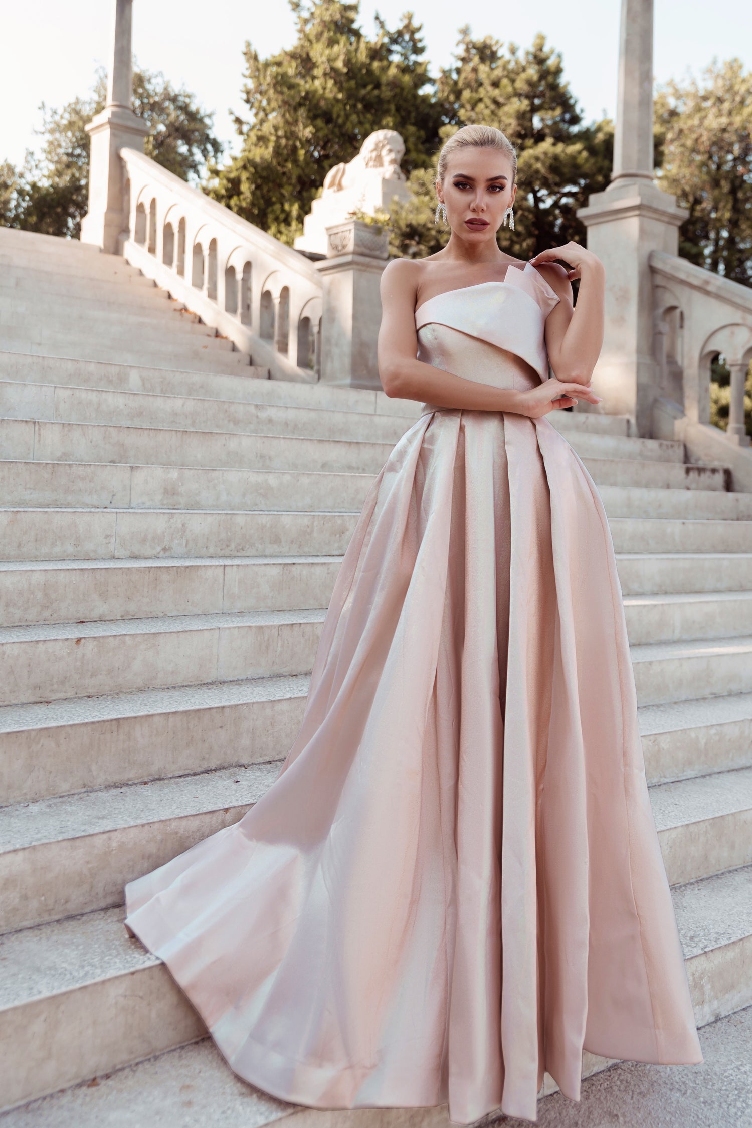 TINA HOLLY COUTURE TW071 Strapless A-Line Formal Dress with Hidden Pockets, Pink Champagne Satin. Brisbane to Gold Coast, Australia.