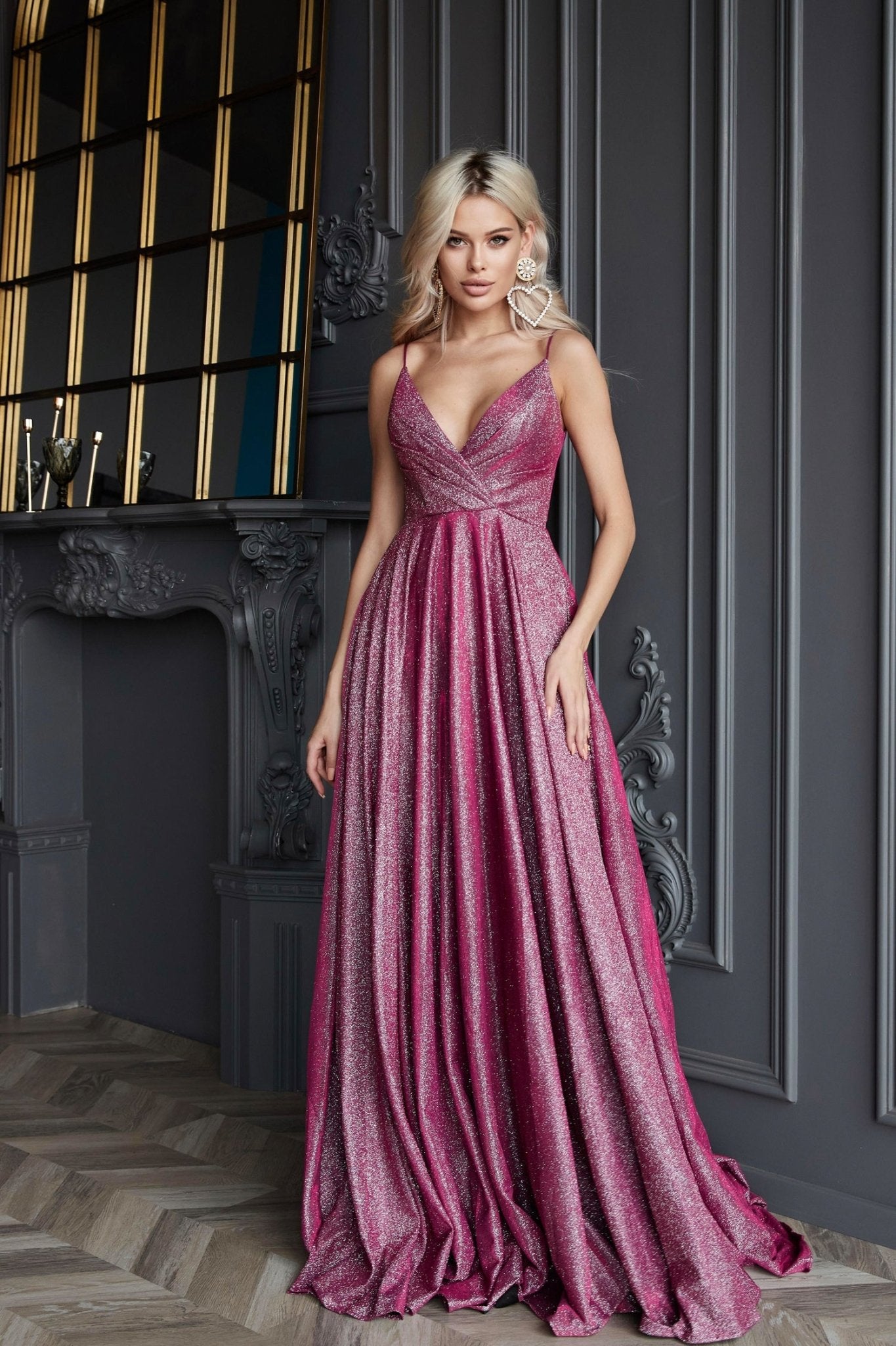 dress is a rich berry pink with a sweetheart neckline Maggie
