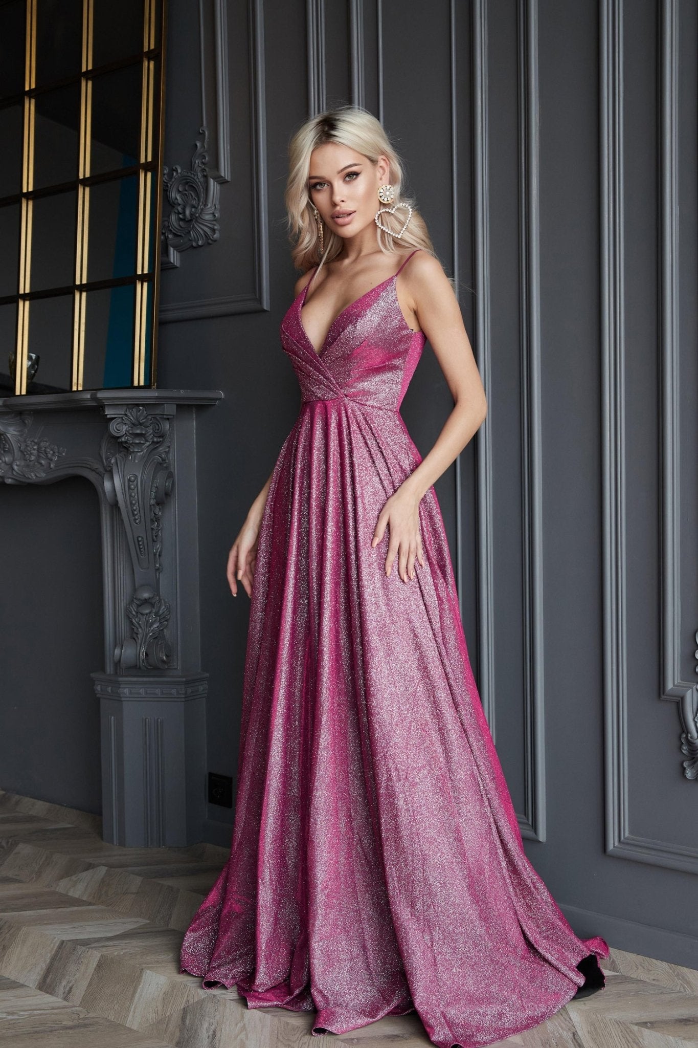 Tina Holly Couture TW079 Fuchsia Berry Crossover Plunging Neckline With Spaghetti Straps A - Line Formal Dress in Australia | One Honey Boutique