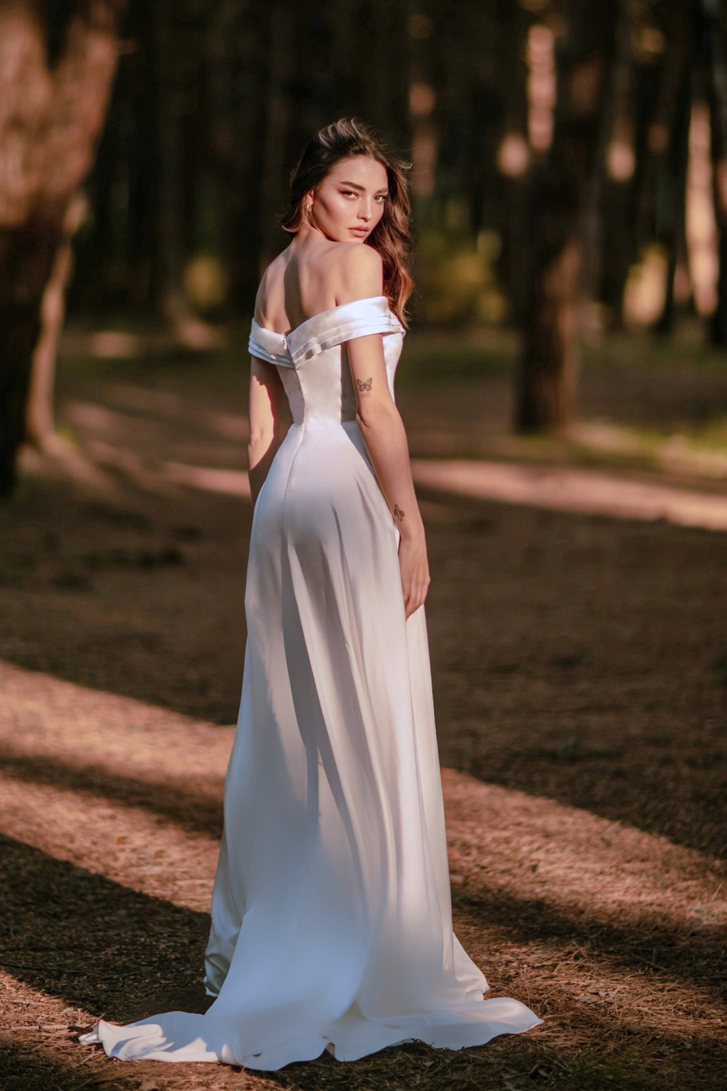 TINA HOLLY COUTURE TW101 off-shoulder A-line wedding dress with sweetheart neckline, bride in forest, Brisbane to Gold Coast, Australia.