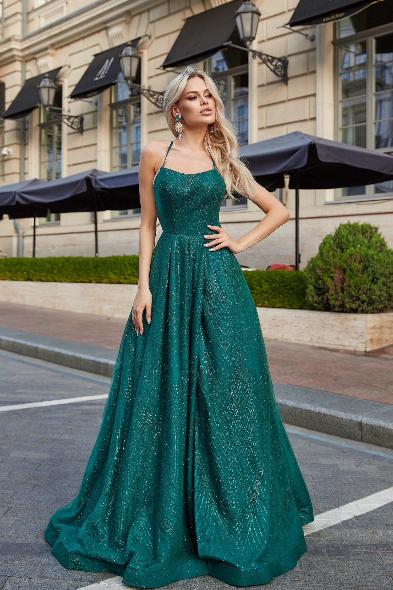 TINA HOLLY COUTURE TW325 emerald green formal dress with apron neckline and lace-up back, A-line, Brisbane to Gold Coast, Australia