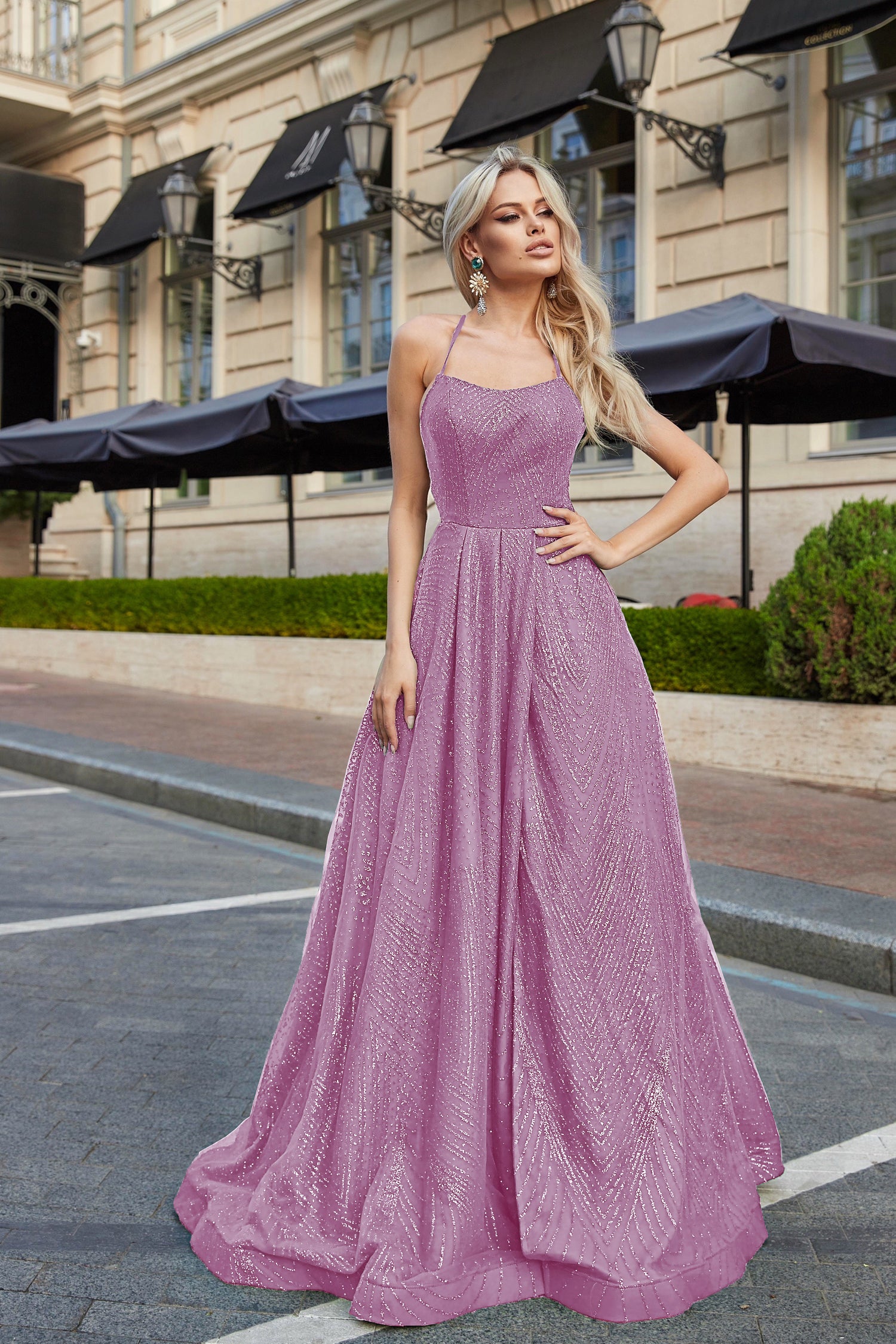 TINA HOLLY COUTURE TW325 lace-up A-line evening dress with apron neckline and metallic stars, perfect for Brisbane to Gold Coast.