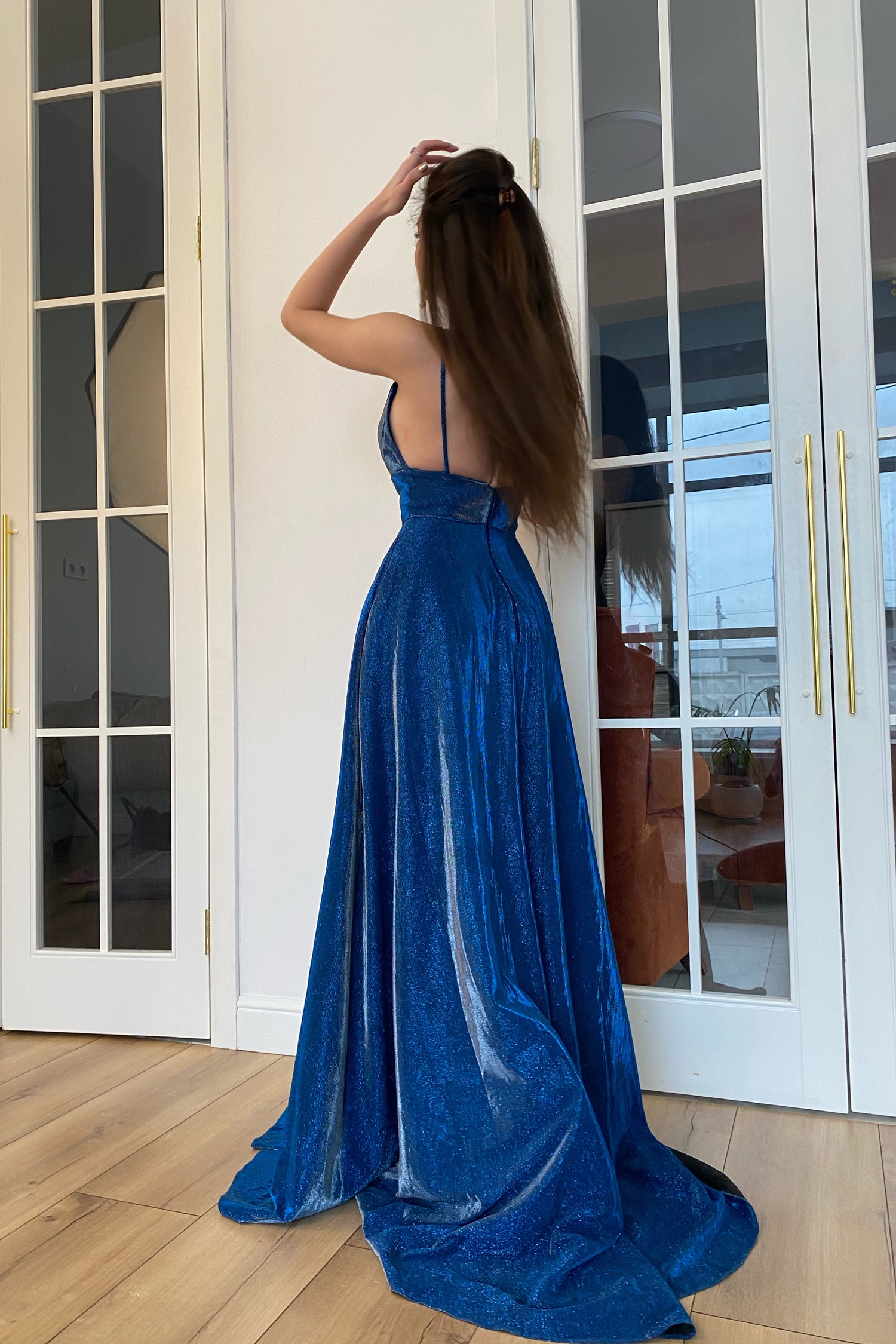 TINA HOLLY COUTURE TW420 Indigo dress with deep V-neckline, high leg slit, prom gown, Brisbane to Gold Coast