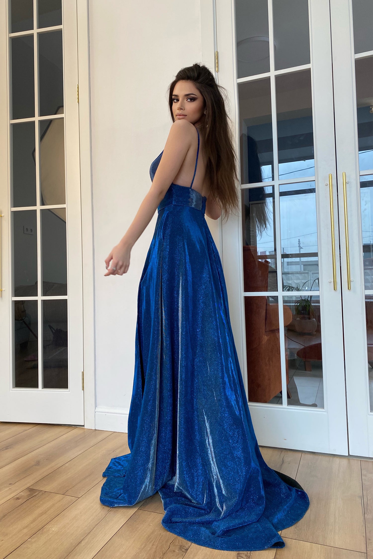 TINA HOLLY COUTURE TW420 indigo formal dress with deep V-neckline and leg slit, school formal gown, Brisbane to Gold Coast.