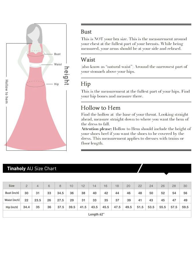 Tina Holly Couture AU size chart featuring measurements for bust, waist, hip, and hollow to hem for formal gowns.