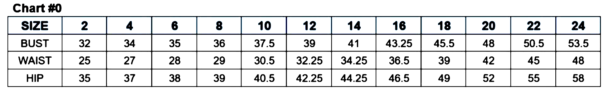 Size chart showing measurements for bust, waist, and hip in sizes 2-24.