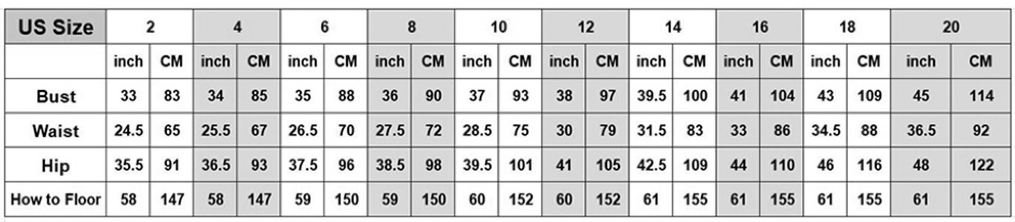 US size chart for dress measurements in inches and centimeters, including bust, waist, hip, and floor length for sizes 2 to 20.