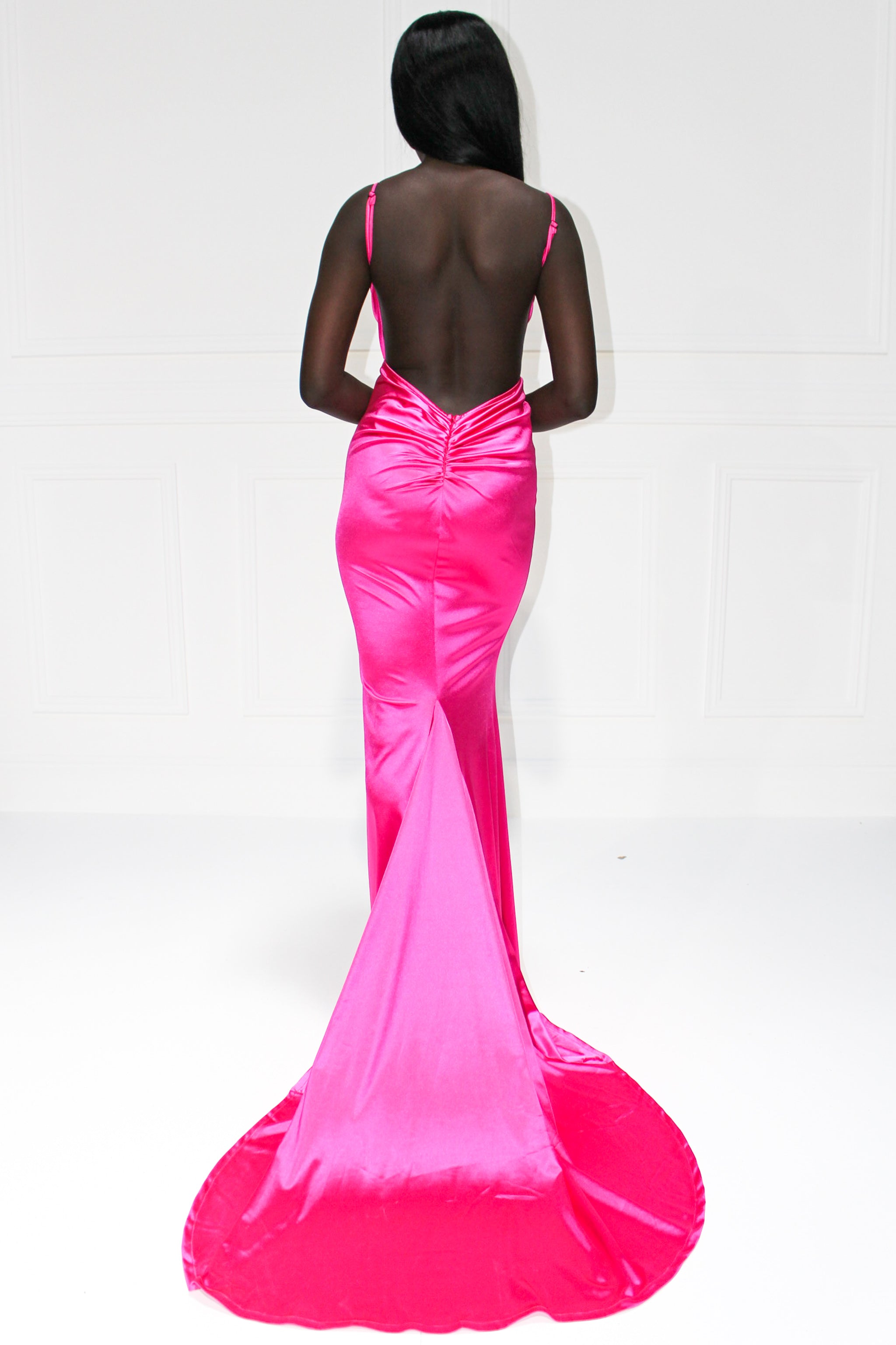 Honey Couture MILEE Hot Pink Low Back Mermaid Evening Gown Dress Honey Couture$ AfterPay Humm ZipPay LayBuy Sezzle