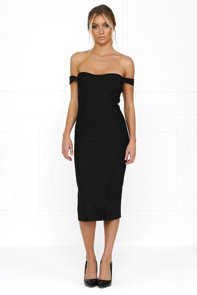 Honey Couture BECKY Black Off Shoulder Bustier Bandage Dress in Australia | One Honey Boutique
