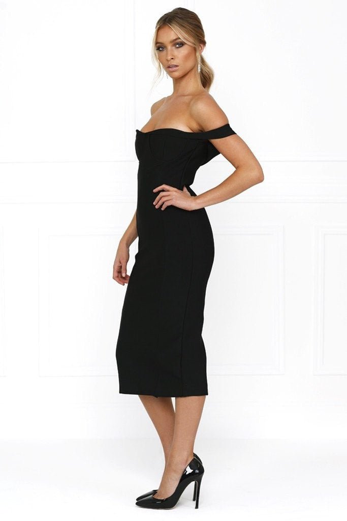 Honey Couture BECKY Black Off Shoulder Bustier Bandage Dress in Australia | One Honey Boutique