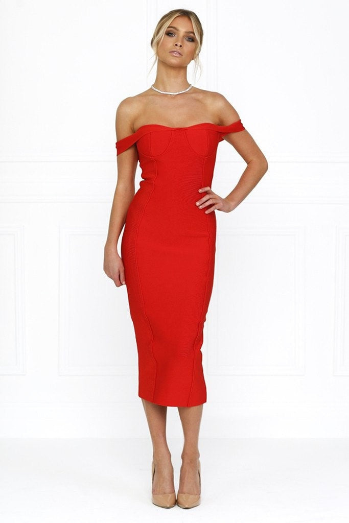Honey Couture BECKY Red Off Shoulder Bustier Bandage Dress Honey Couture$ AfterPay Humm ZipPay LayBuy Sezzle