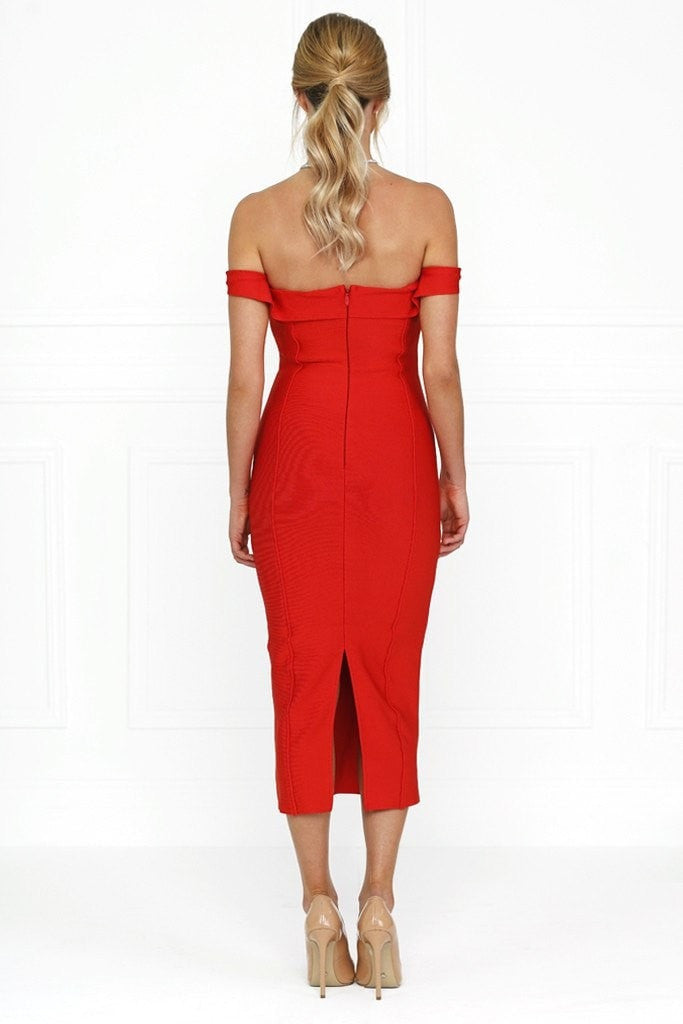 Honey Couture BECKY Red Off Shoulder Bustier Bandage Dress Honey Couture$ AfterPay Humm ZipPay LayBuy Sezzle