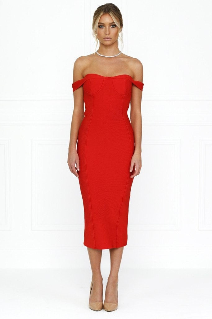 Honey Couture BECKY Red Off Shoulder Bustier Bandage Dress Honey Couture$ AfterPay Humm ZipPay LayBuy Sezzle