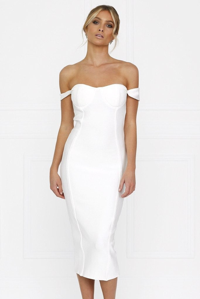 Alt Tag: Honey Couture BECKY White Off Shoulder Bustier Bandage Dress, Australian Designer, Prom Dresses, Evening Gowns, Affordable Fashion